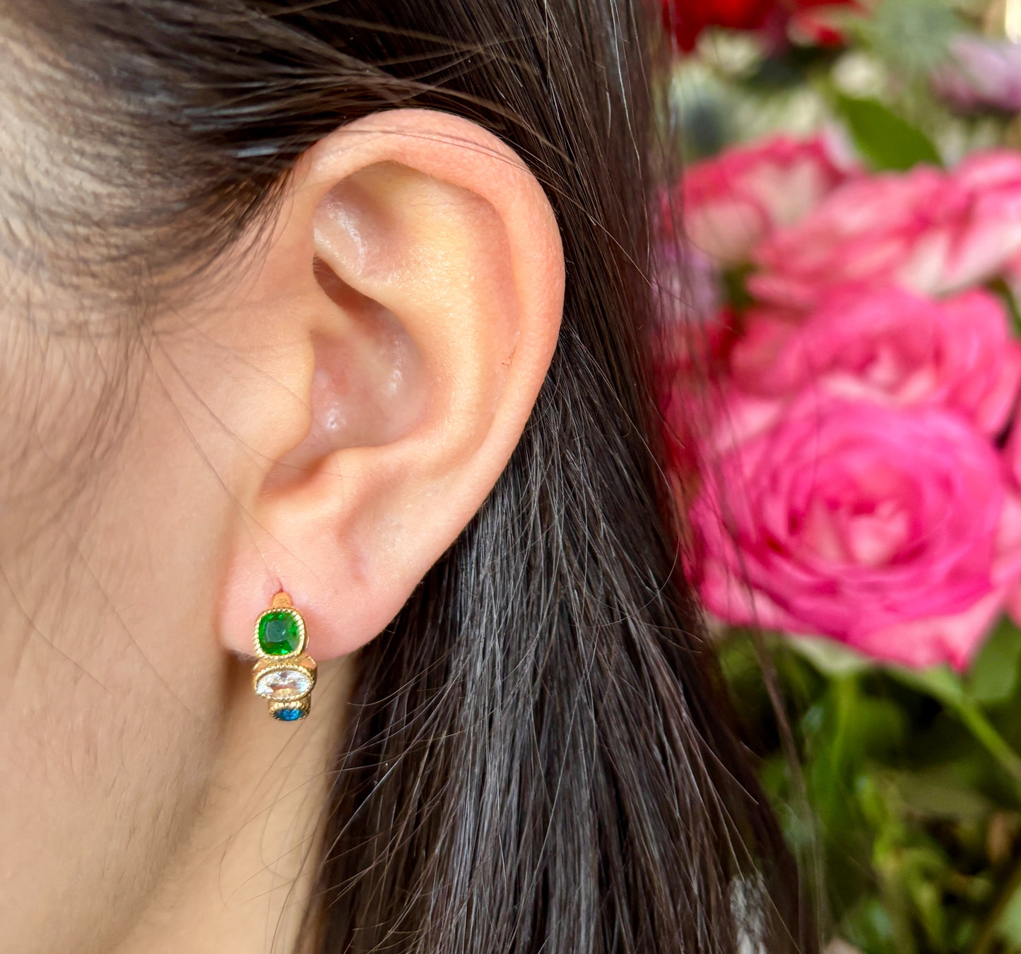 18ct Gold Plated Blue Green Cubic Zirconia Huggie Earrings