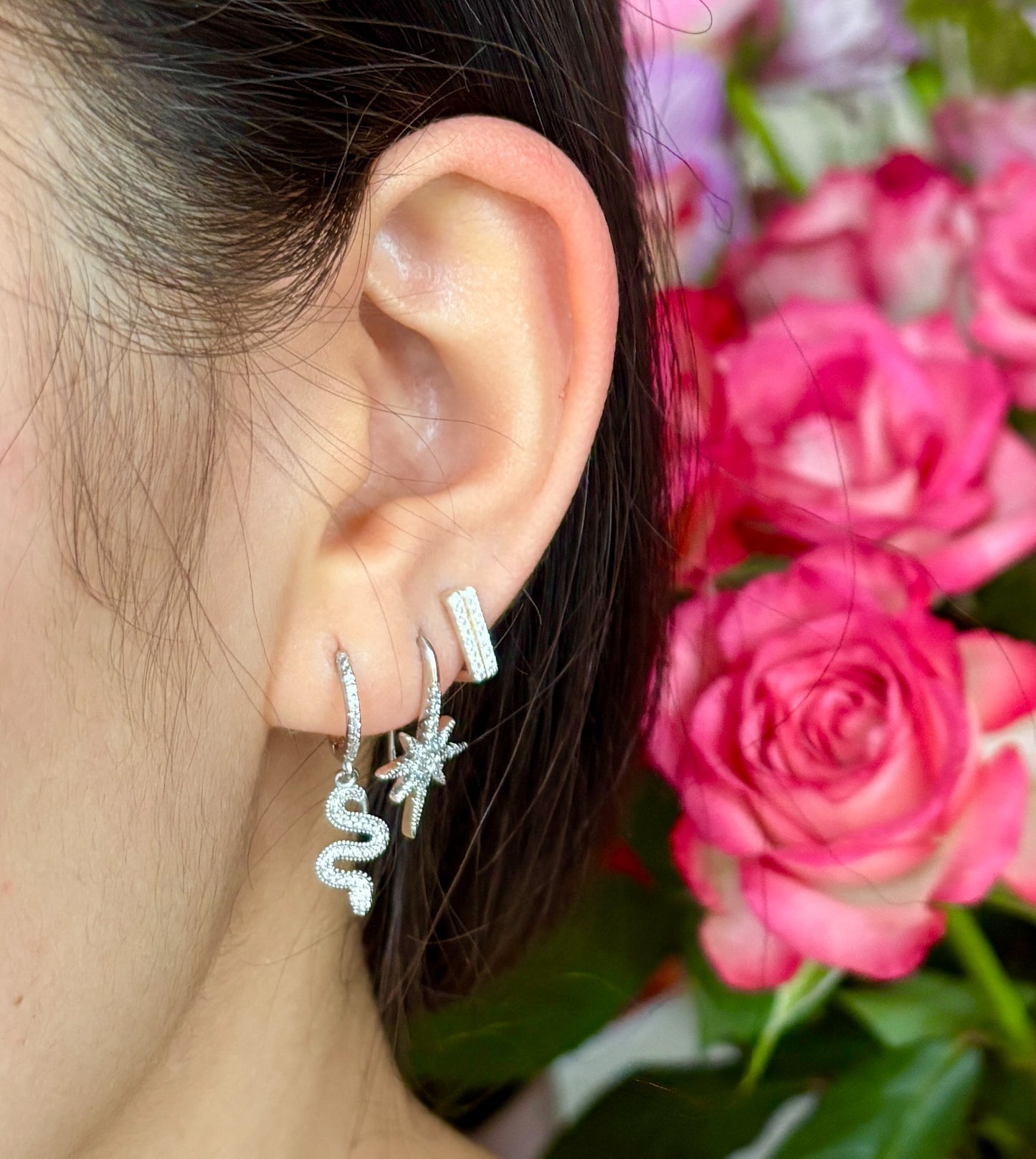 925 Sterling Silver Cubic Zirconia Snake Huggie Earrings