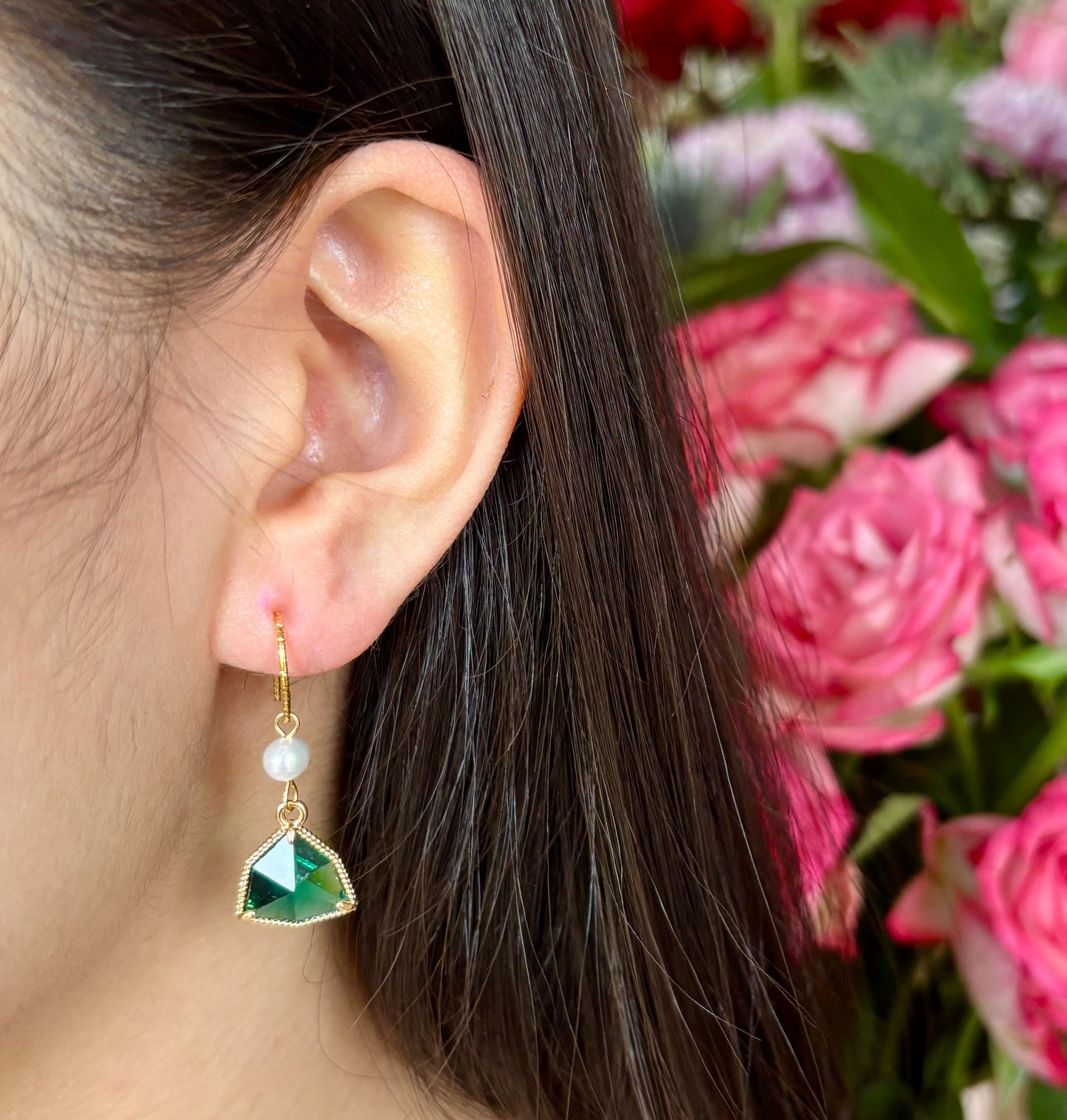 14ct Gold Plated Fresh Water Pearl Green Faceted Glass Drop Earrings