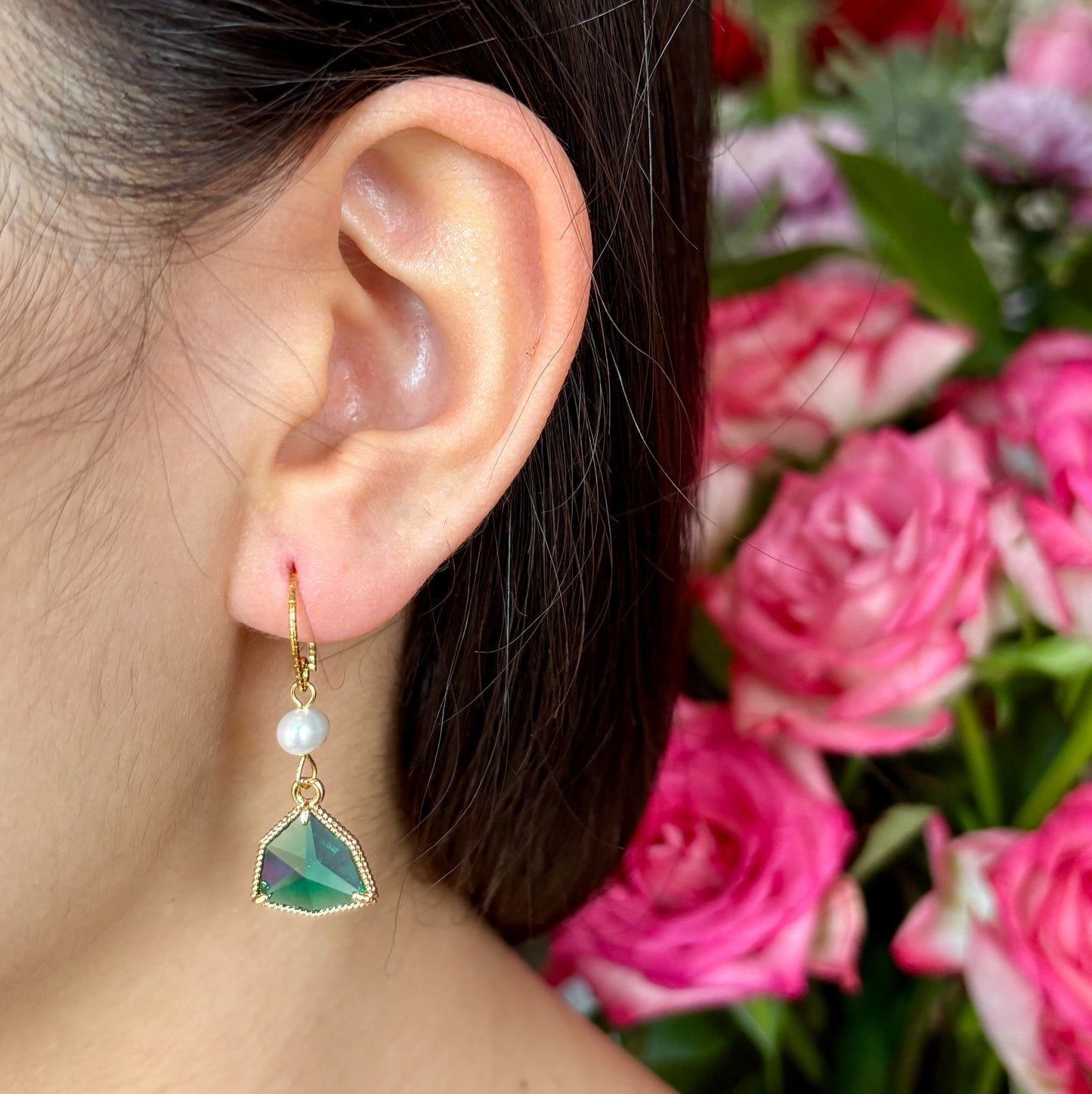 14ct Gold Plated Fresh Water Pearl Green Faceted Glass Drop Earrings