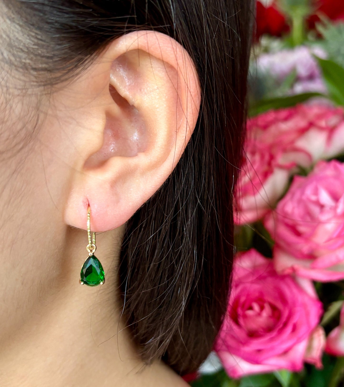 14ct Gold Plated Faceted Green Glass Drop Earrings