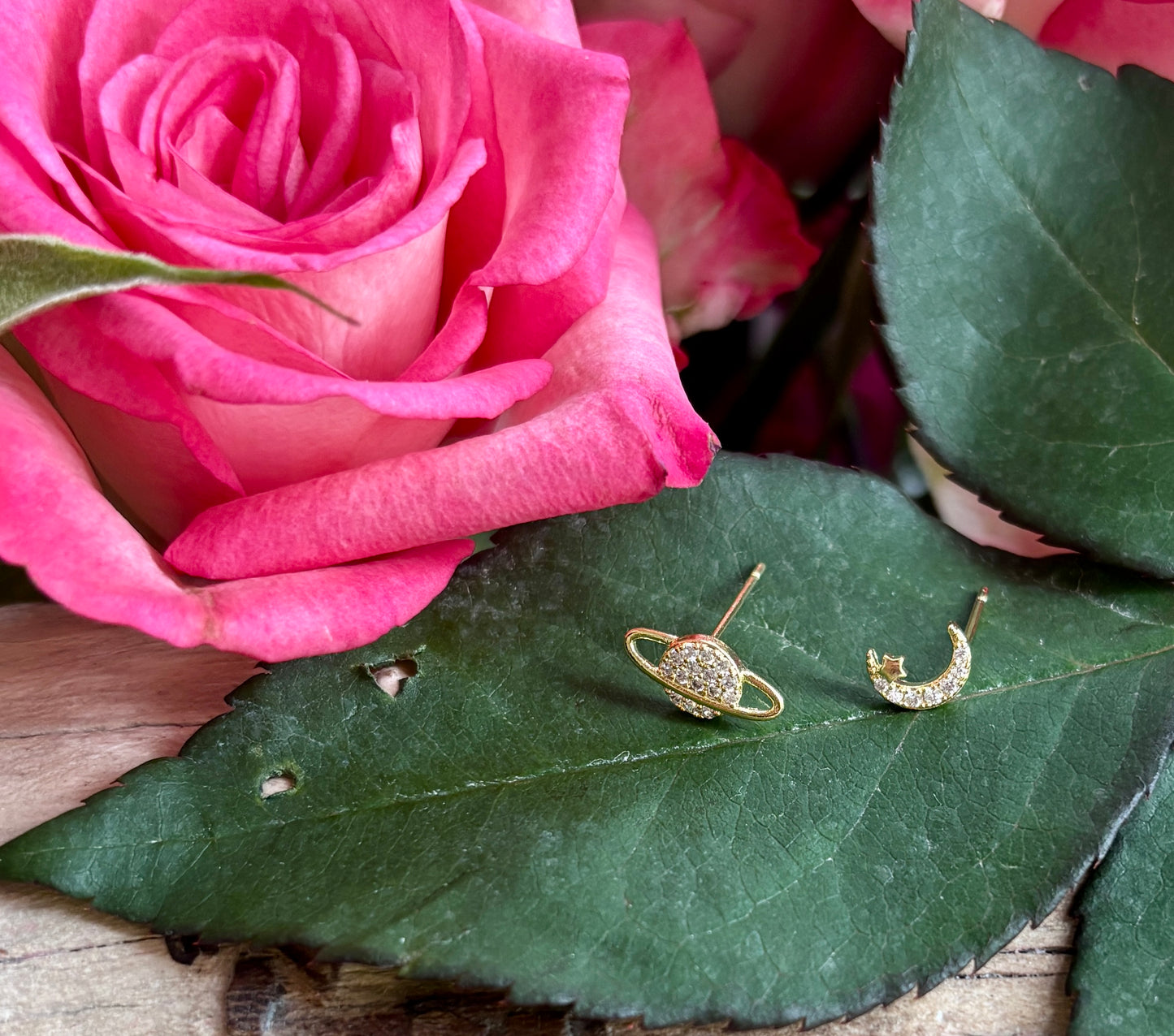 14ct Gold Plated Cubic Zirconia Mismatched Planet Earrings