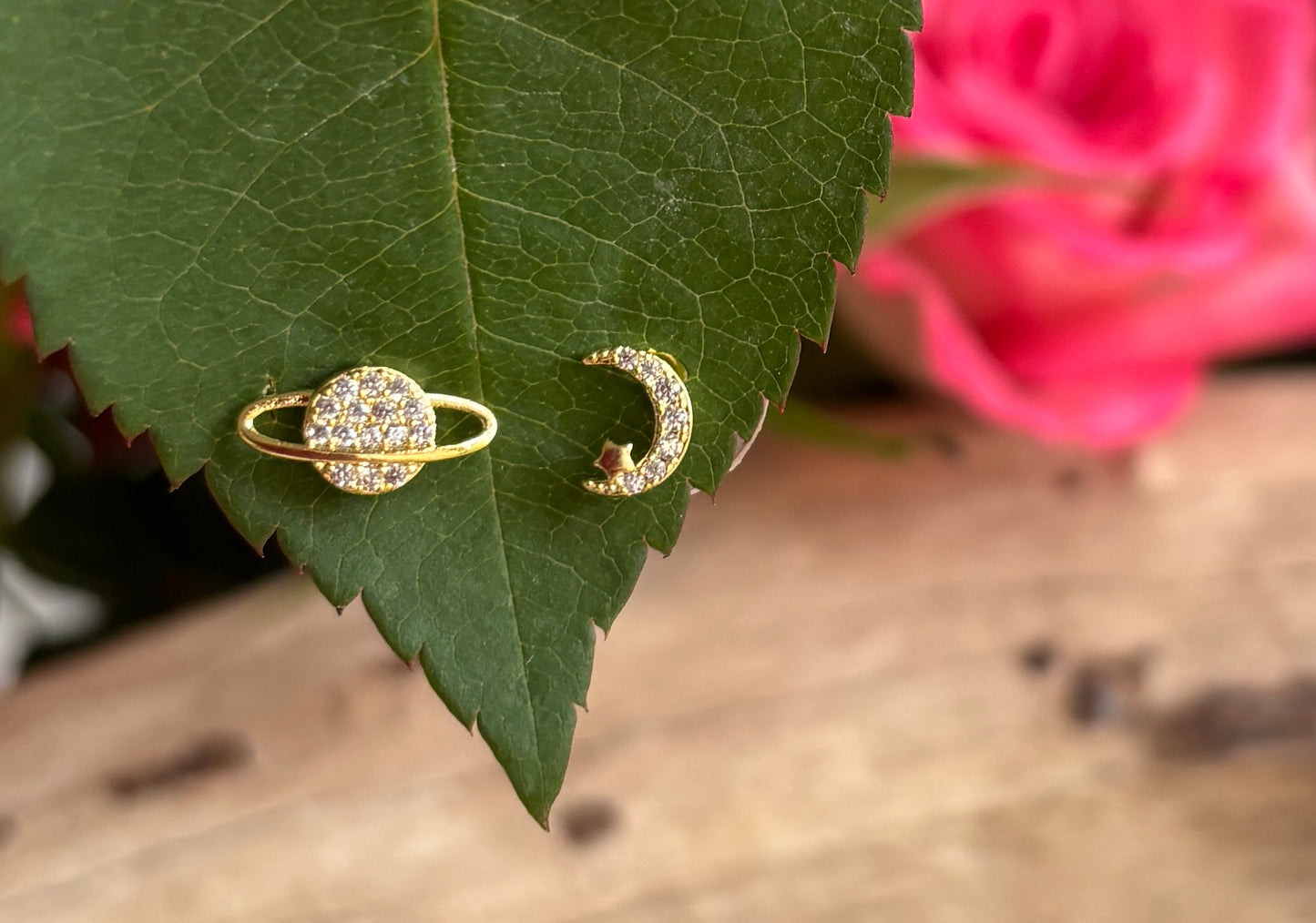 14ct Gold Plated Cubic Zirconia Mismatched Planet Earrings