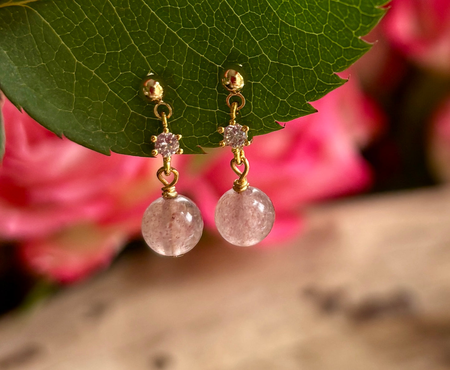 14ct Gold Plated Strawberry Quartz Drop Earrings