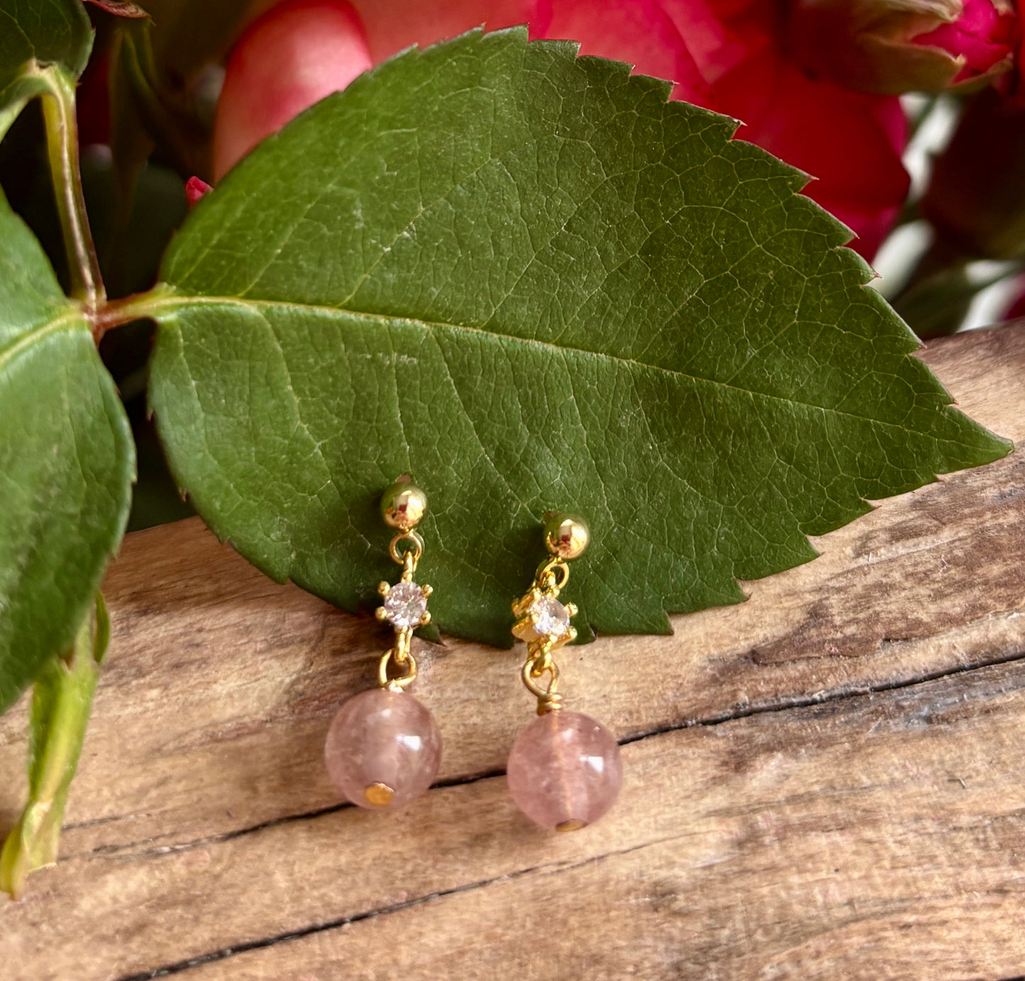 14ct Gold Plated Strawberry Quartz Drop Earrings