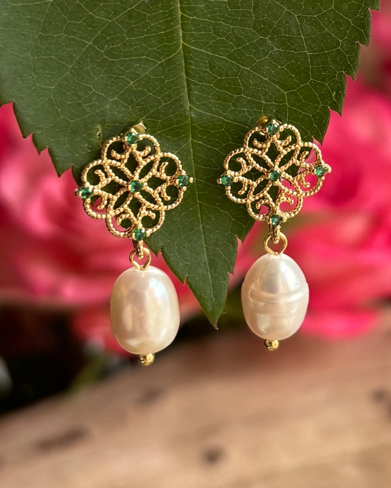 14ct Gold Plated Fresh Water Pearl Green Filigree Earrings