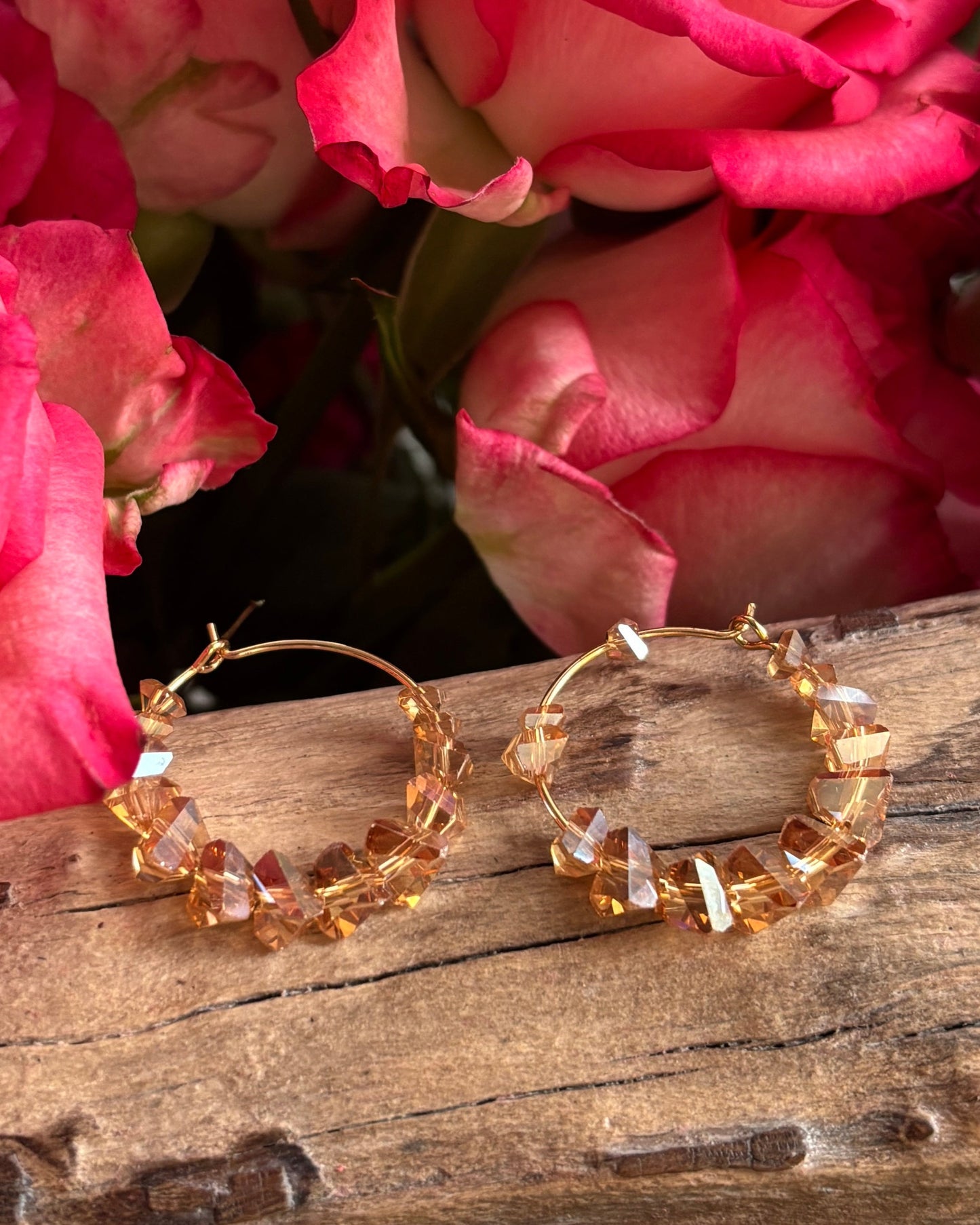 14ct Gold Plated Tea Brown Glass Chips Hoop Earrings