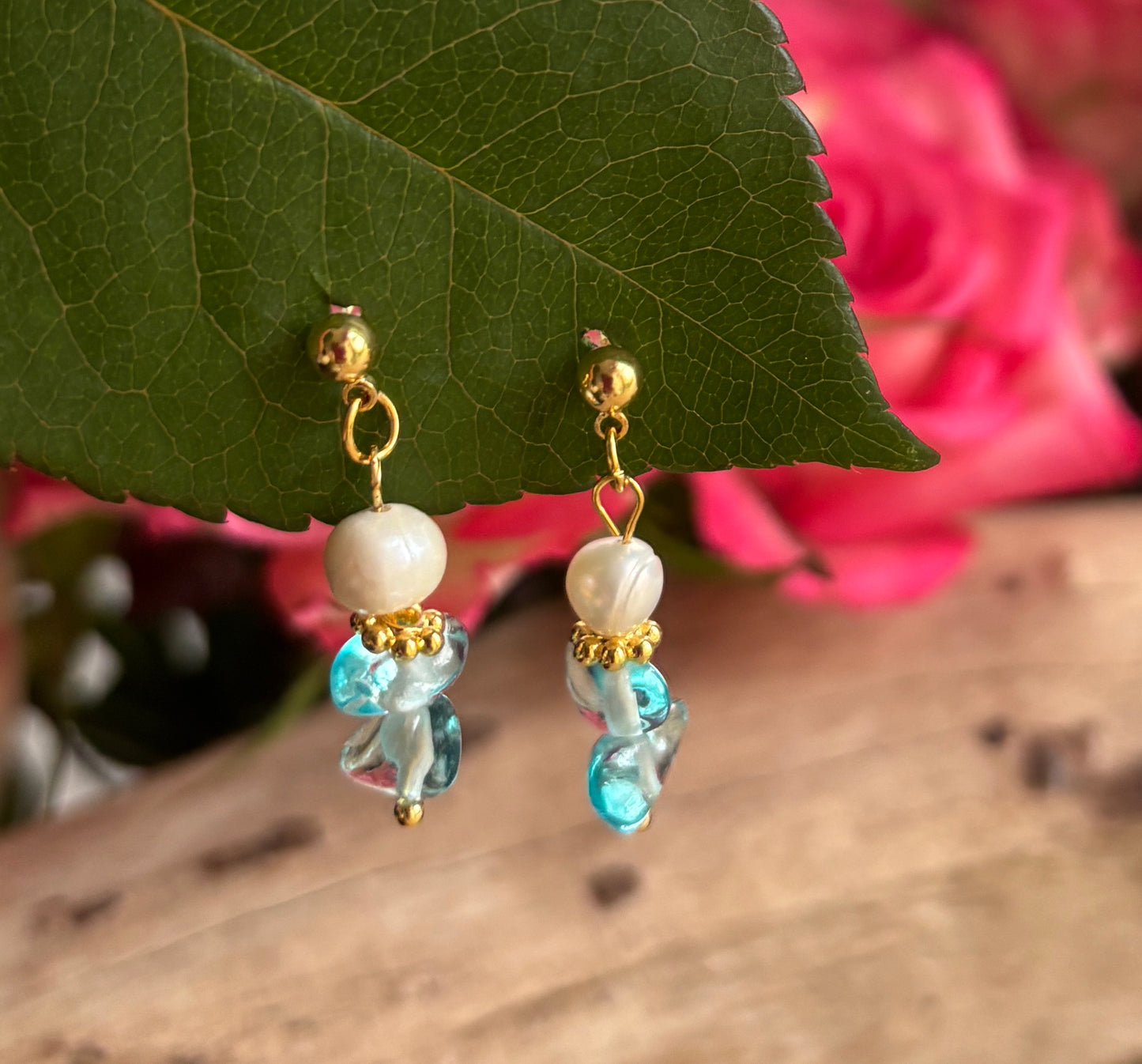 14ct Gold Plated Aquamarine Cluster Drop Earrings