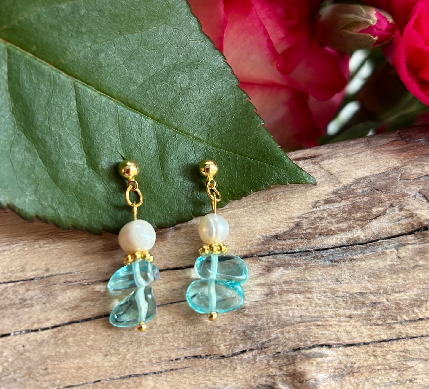 14ct Gold Plated Aquamarine Cluster Drop Earrings