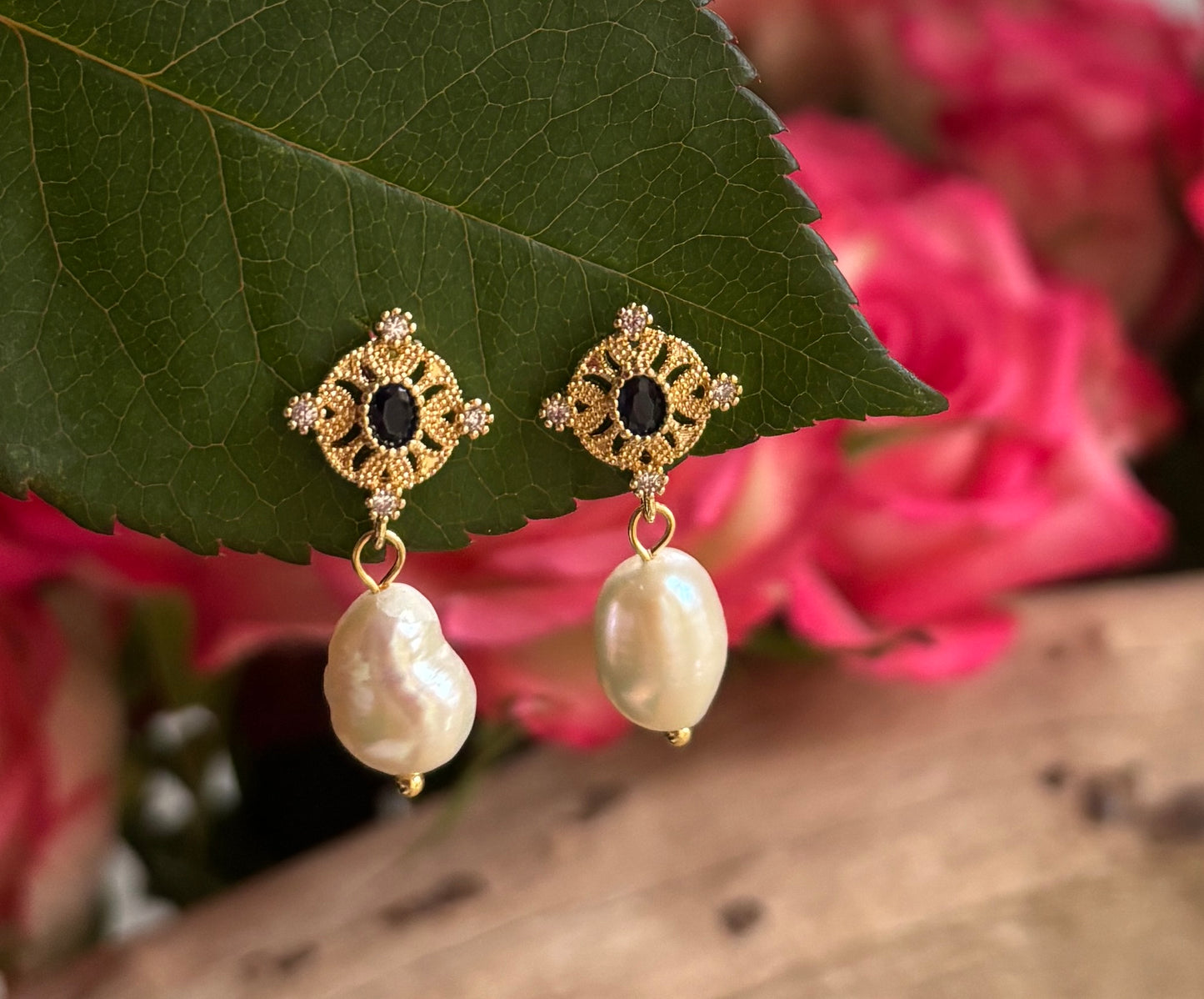 14ct Gold Plated Fresh Water Pearl Blue Filigree Earrings