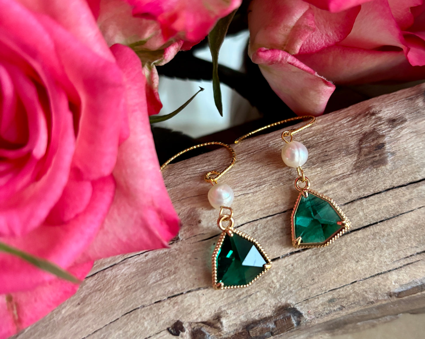 14ct Gold Plated Fresh Water Pearl Green Faceted Glass Drop Earrings