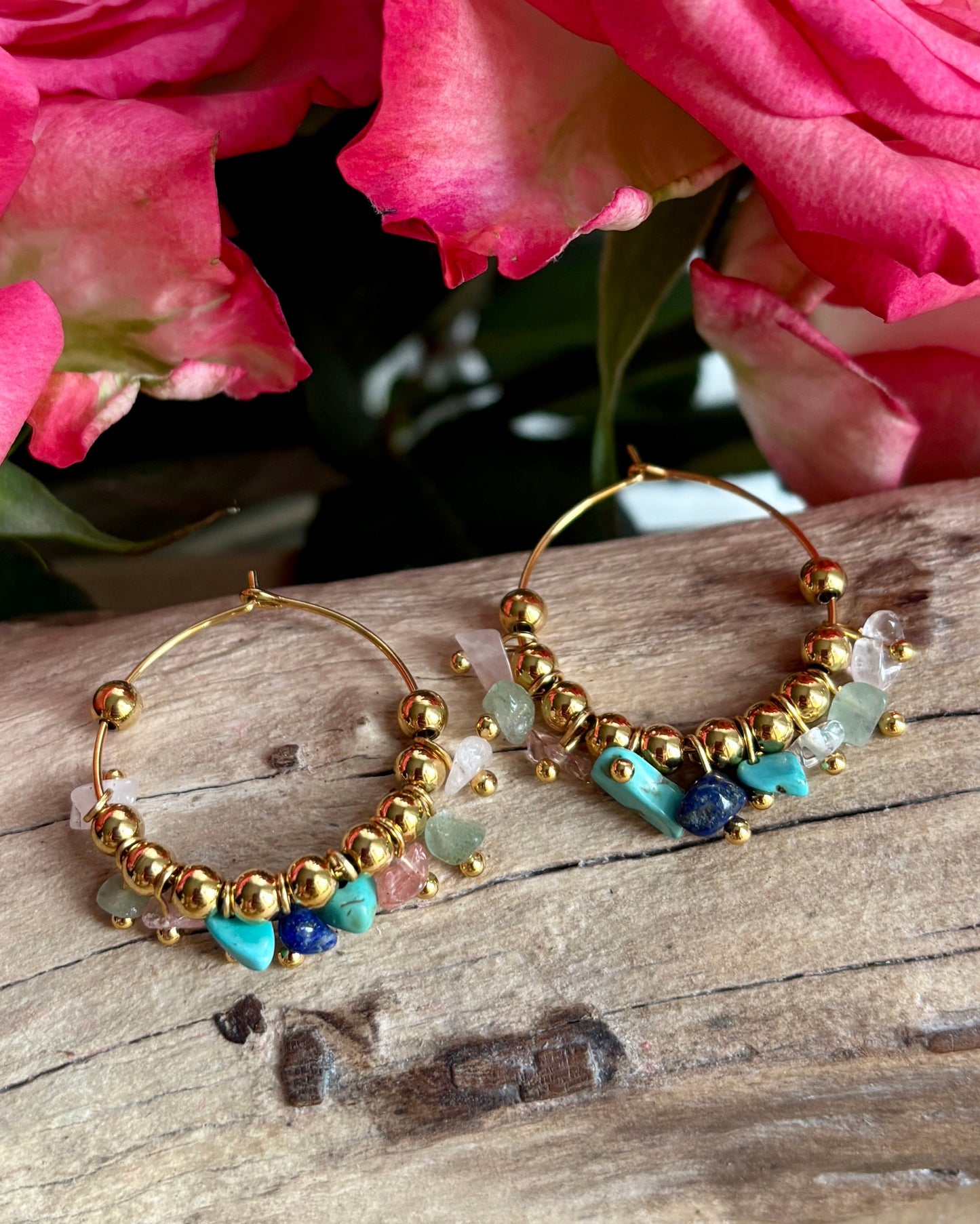 18ct Gold Plated Gemstone Cluster Hoop Earrings
