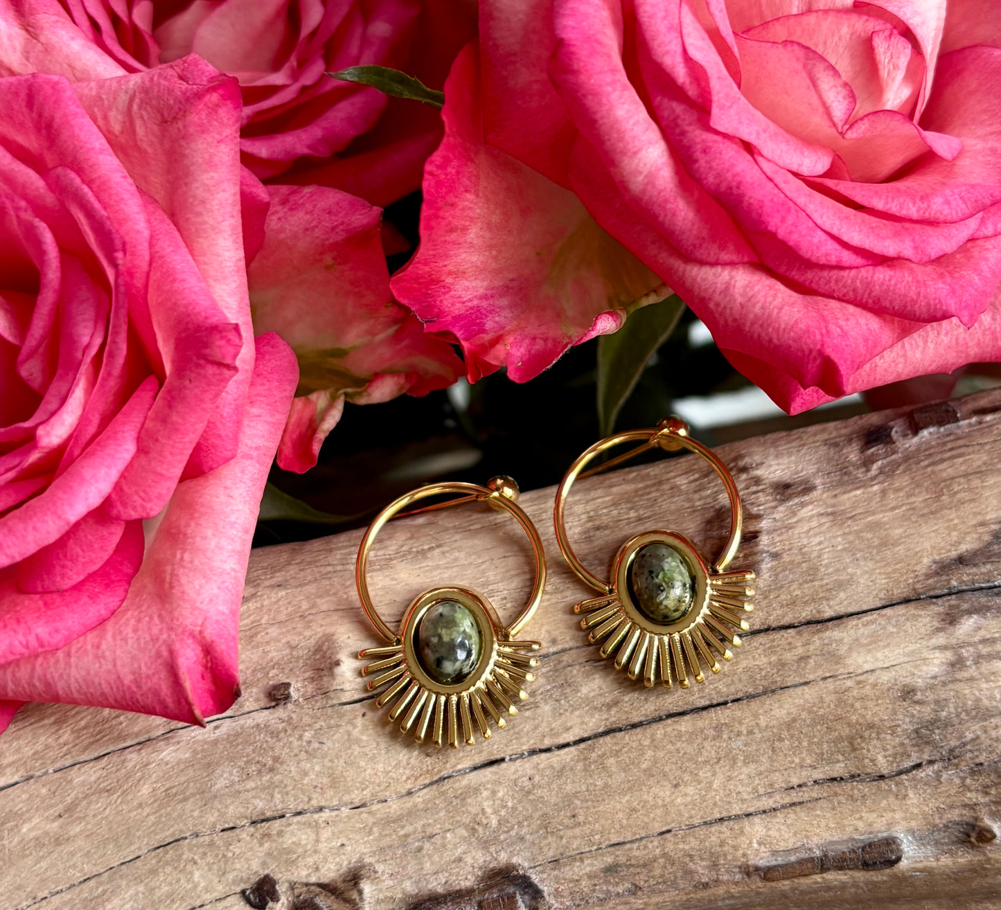 18ct Gold Plated African Turquoise Sunburst Hoop Earrings