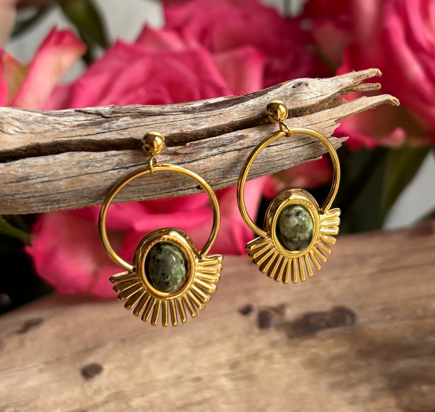 18ct Gold Plated African Turquoise Sunburst Hoop Earrings