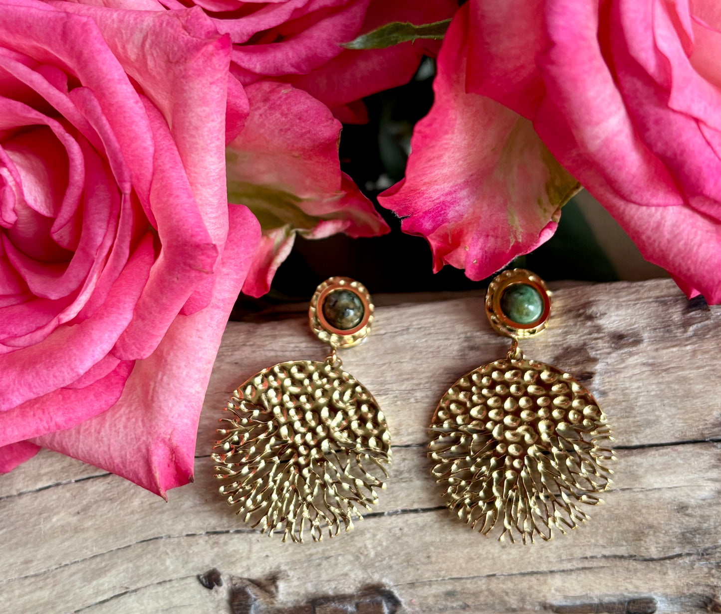 18ct Gold Plated African Turquoise Hammered Disc Earrings