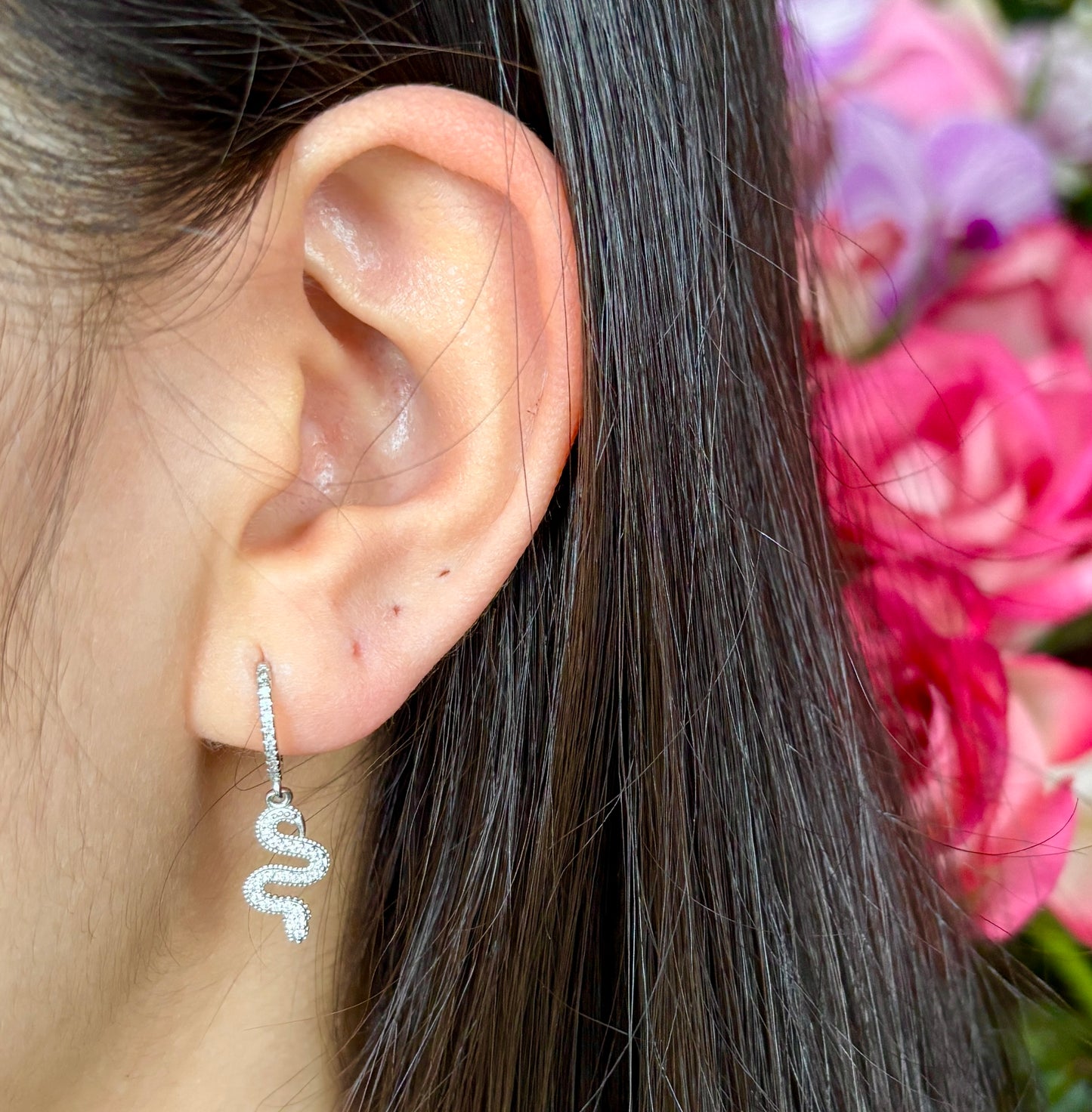 925 Sterling Silver Cubic Zirconia Snake Huggie Earrings