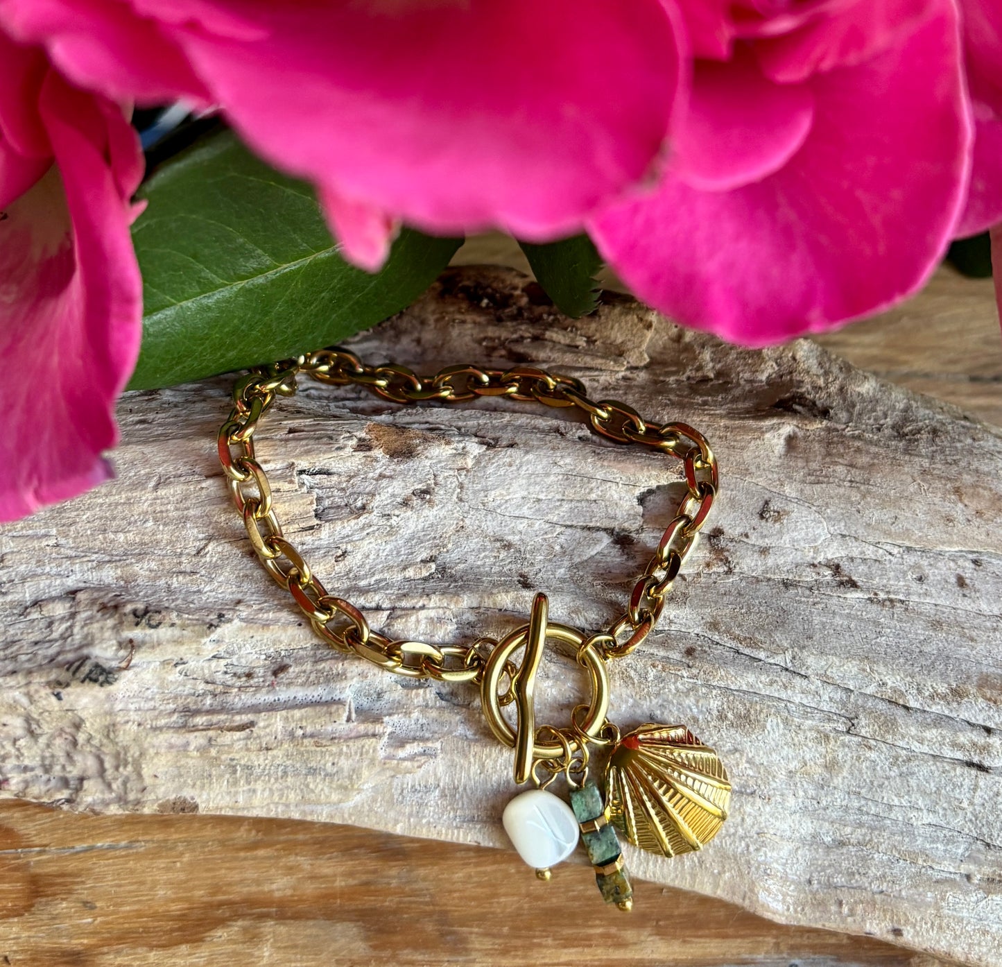 18ct Gold Plated T-Bar Bracelet with Charms