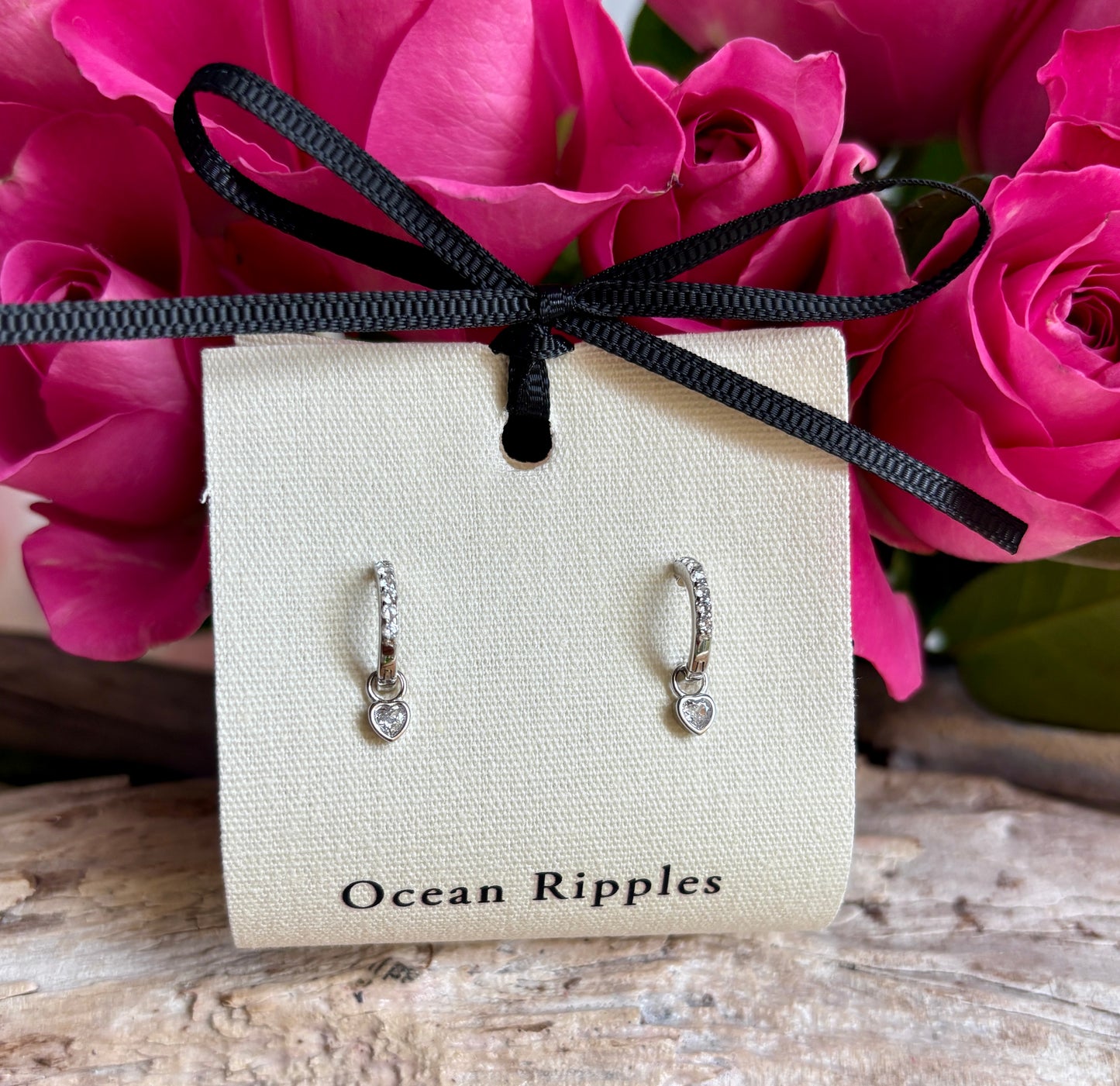 925 Sterling Silver Cubic Zirconia Heart Drop Huggie Earrings