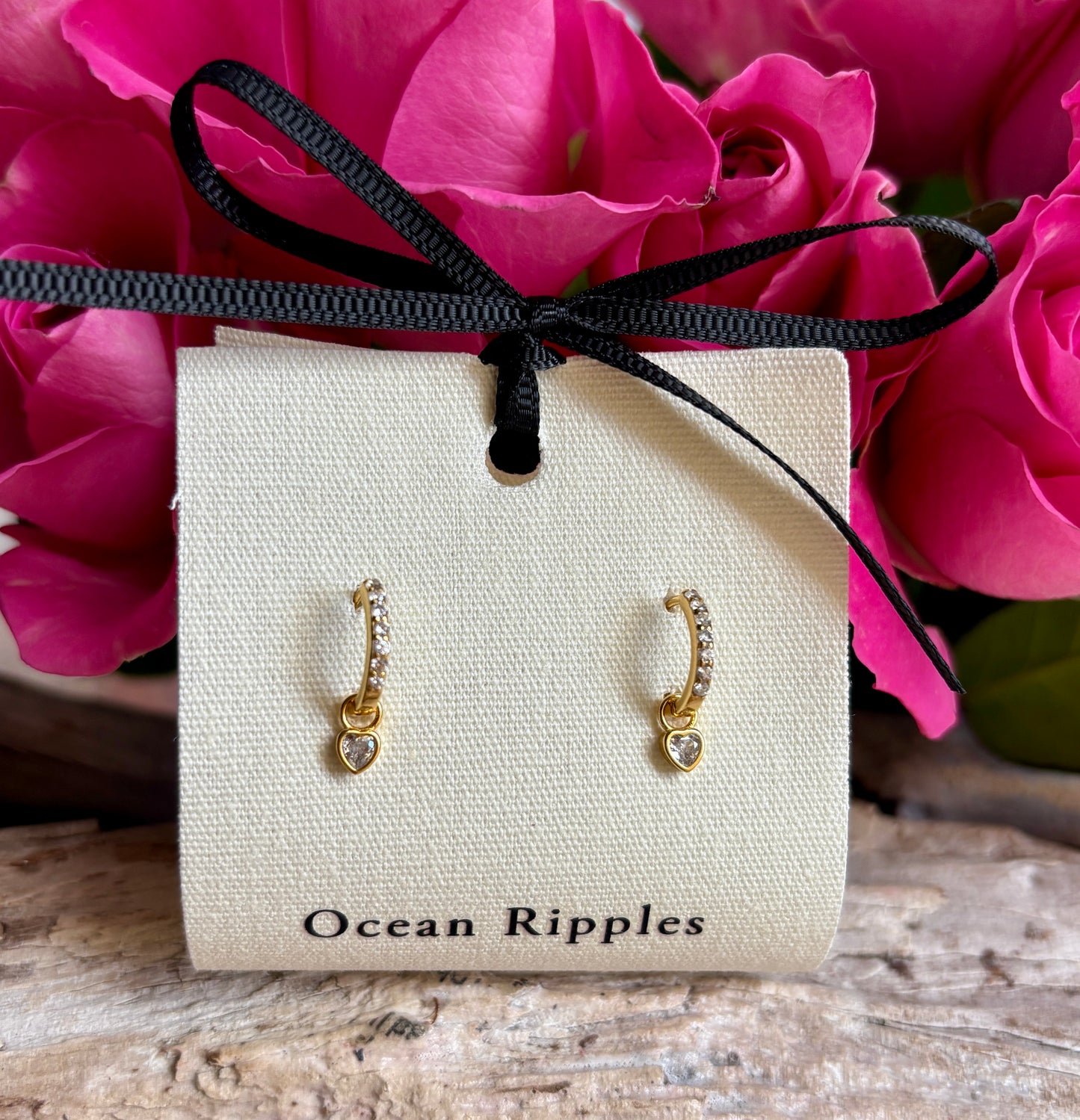 18ct Gold Plated Cubic Zirconia Heart Drop Huggie Earrings