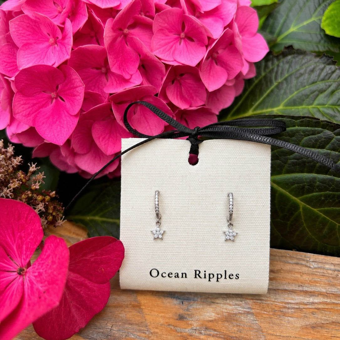 Rhodium Plated Cubic Zirconia Mini Star Huggie Earrings