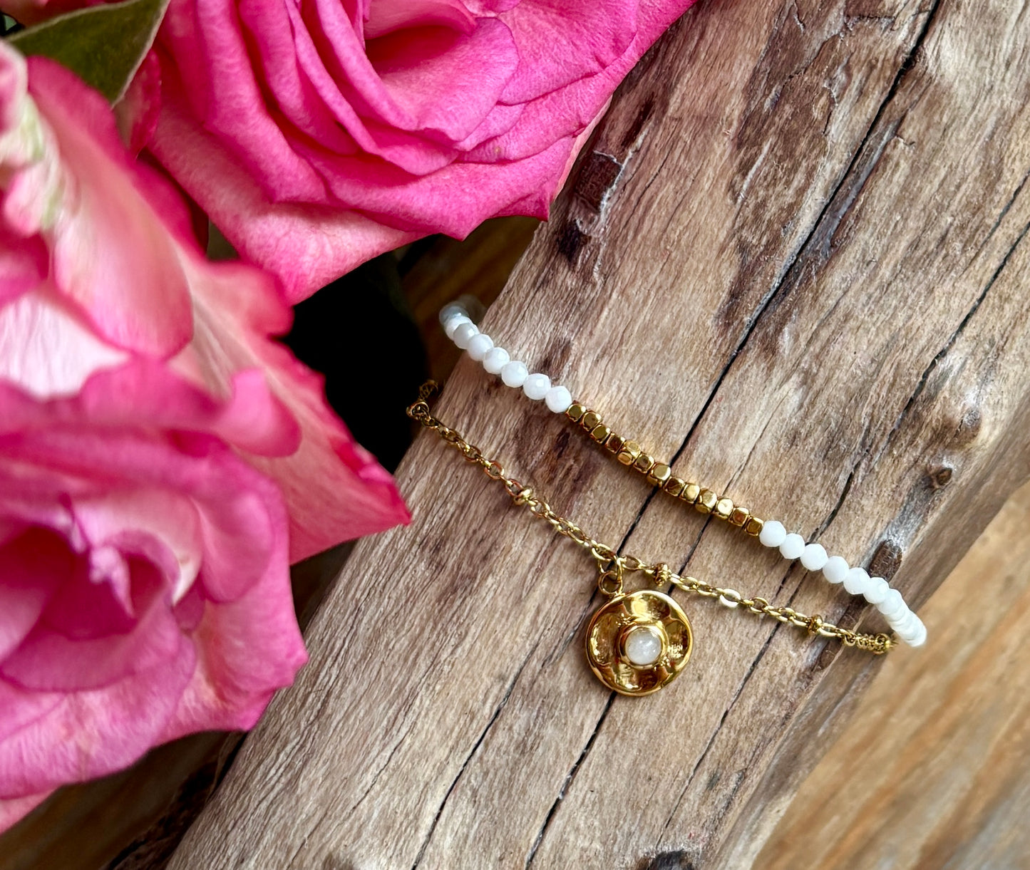 18ct Gold Plated Mother Of Pearl Gold Disc Bracelet