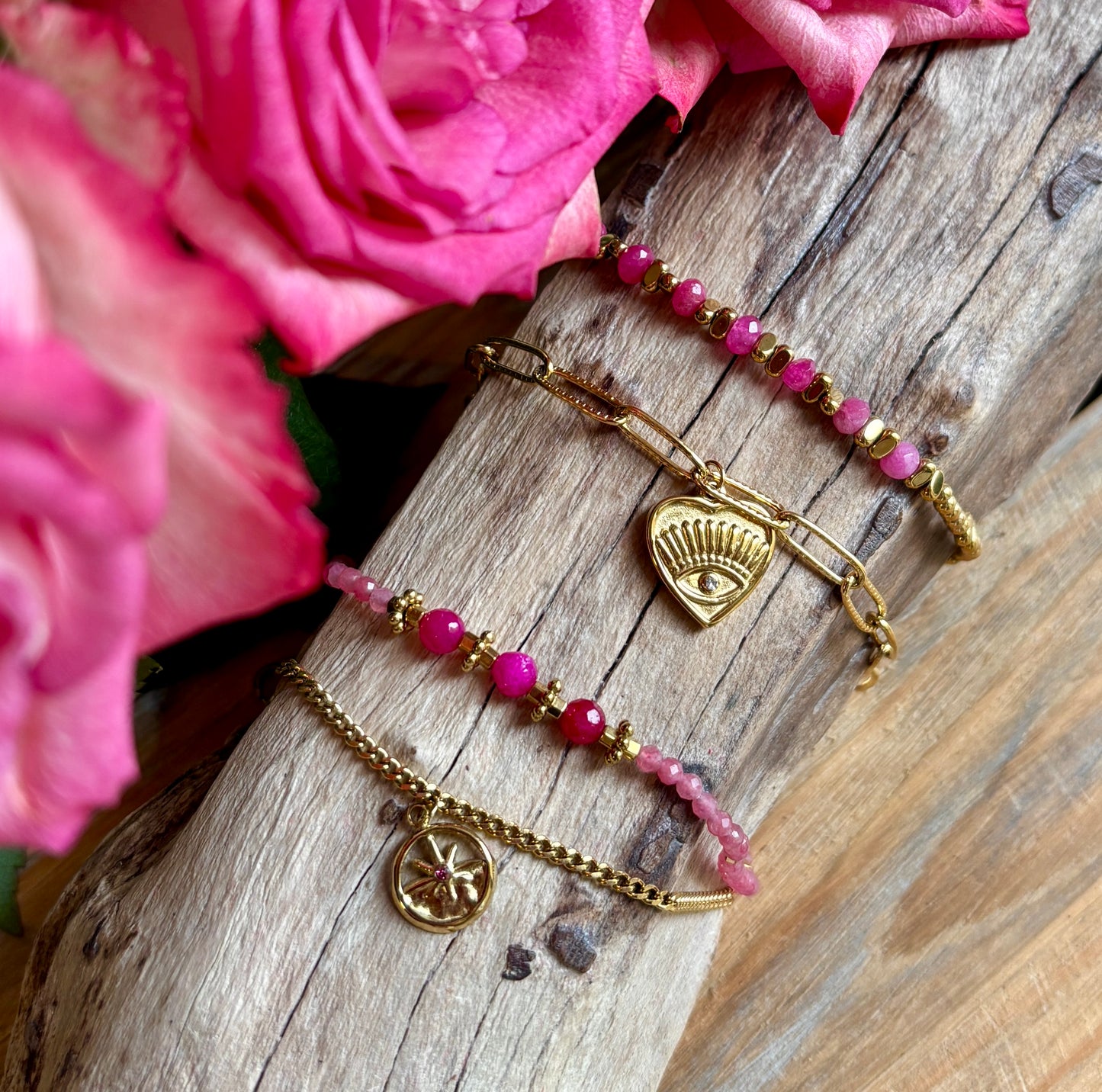 18ct Gold Plated Pink Quartz Star Double Chain Bracelet