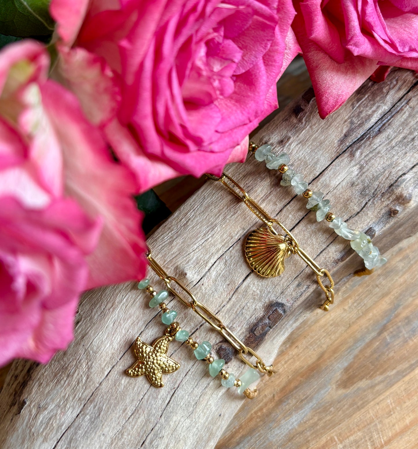 18ct Gold Plated Green Aventurine Shell Bracelet