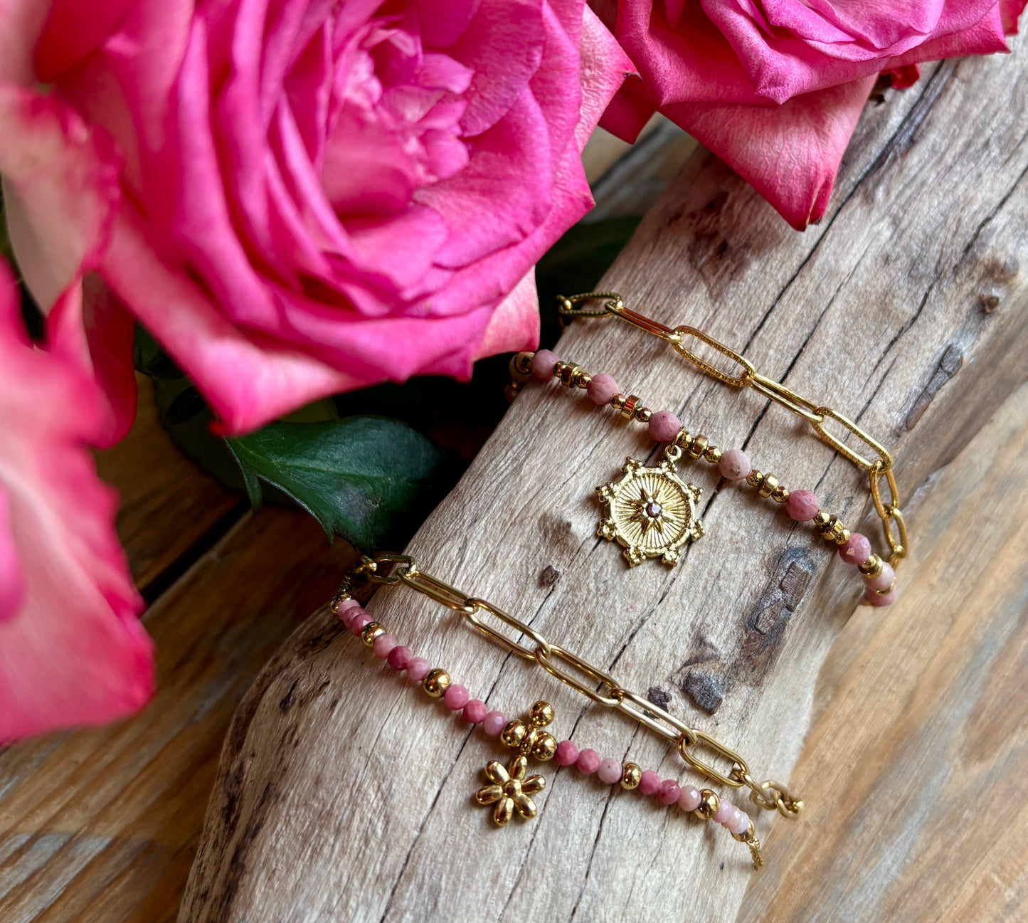 18ct Gold Plated Rhodochrosite Sun Disc Bracelet