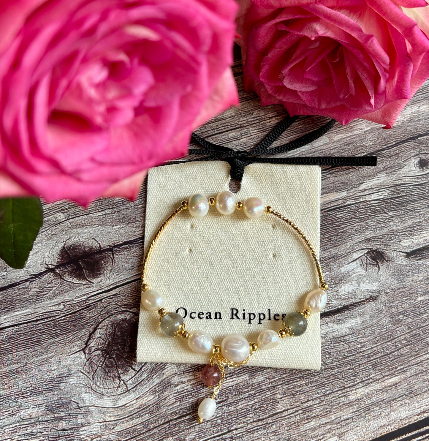 14ct Gold Plated Fresh Water Pearl Moonstone Elastic Bracele