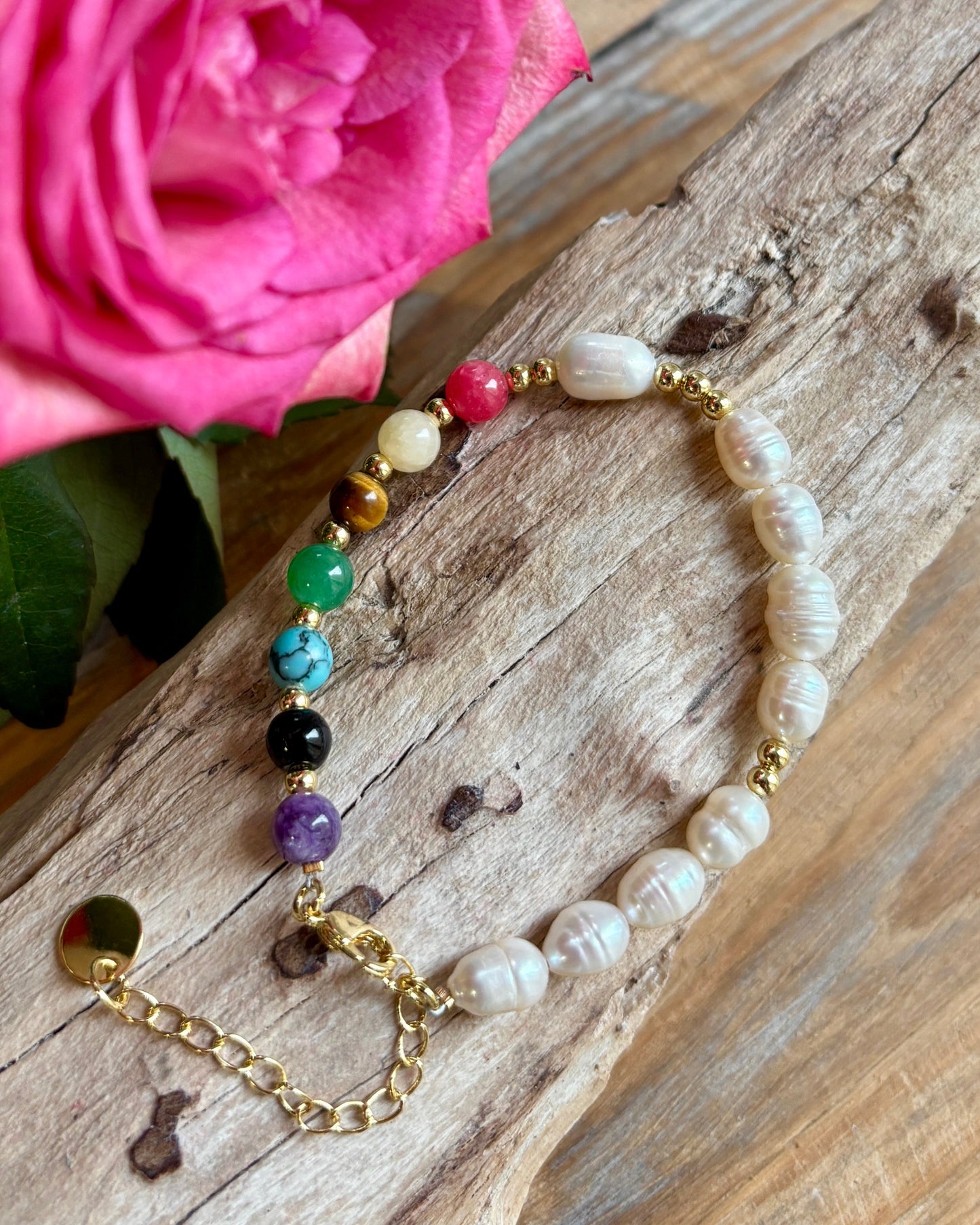 14ct Gold Plated Fresh Water Pearl Healing Stone Bracelet