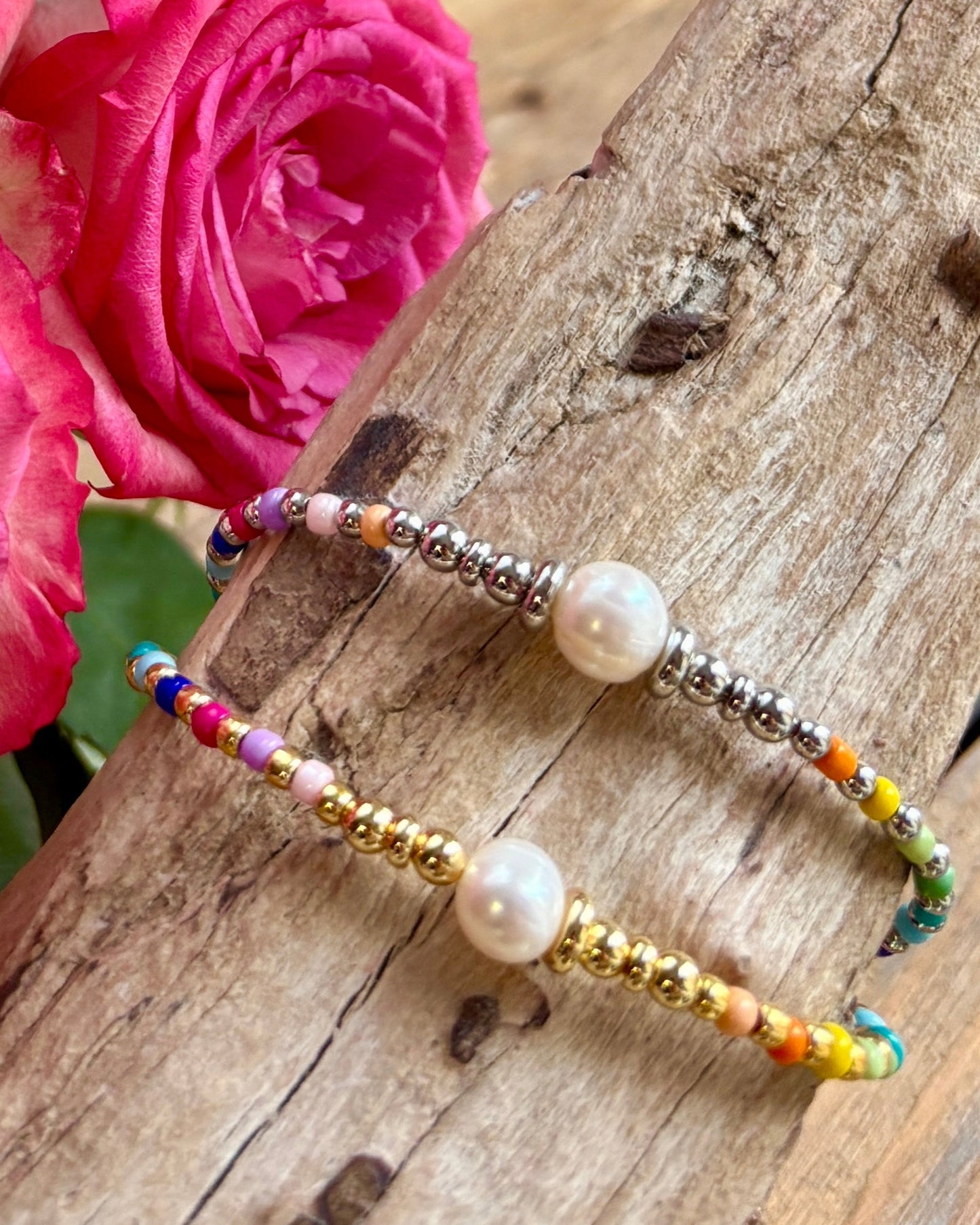 18ct Gold Plated Pearl Miyuki Rainbow Bracelet - Available In Silver