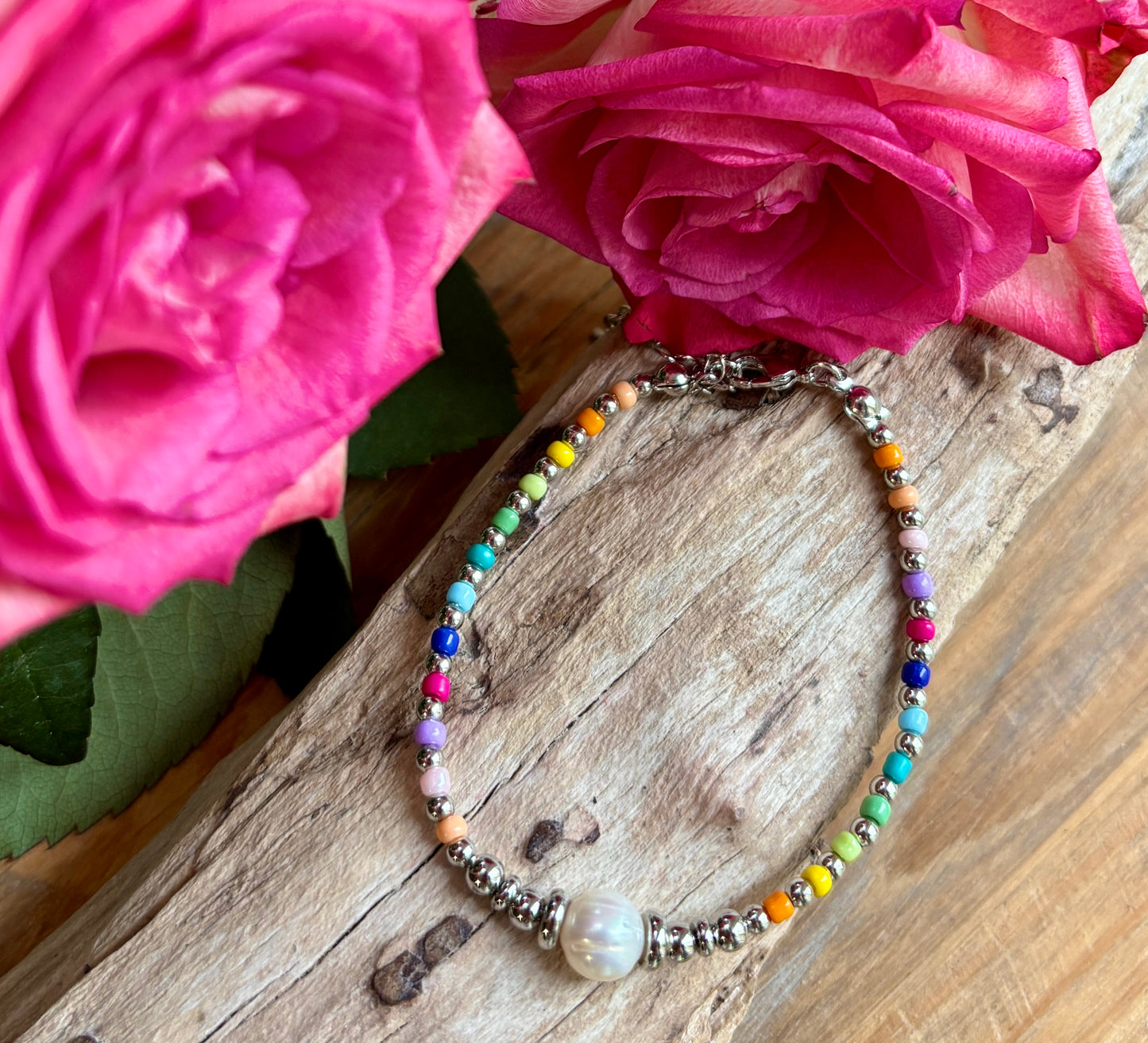 18ct Gold Plated Pearl Miyuki Rainbow Bracelet - Available In Silver