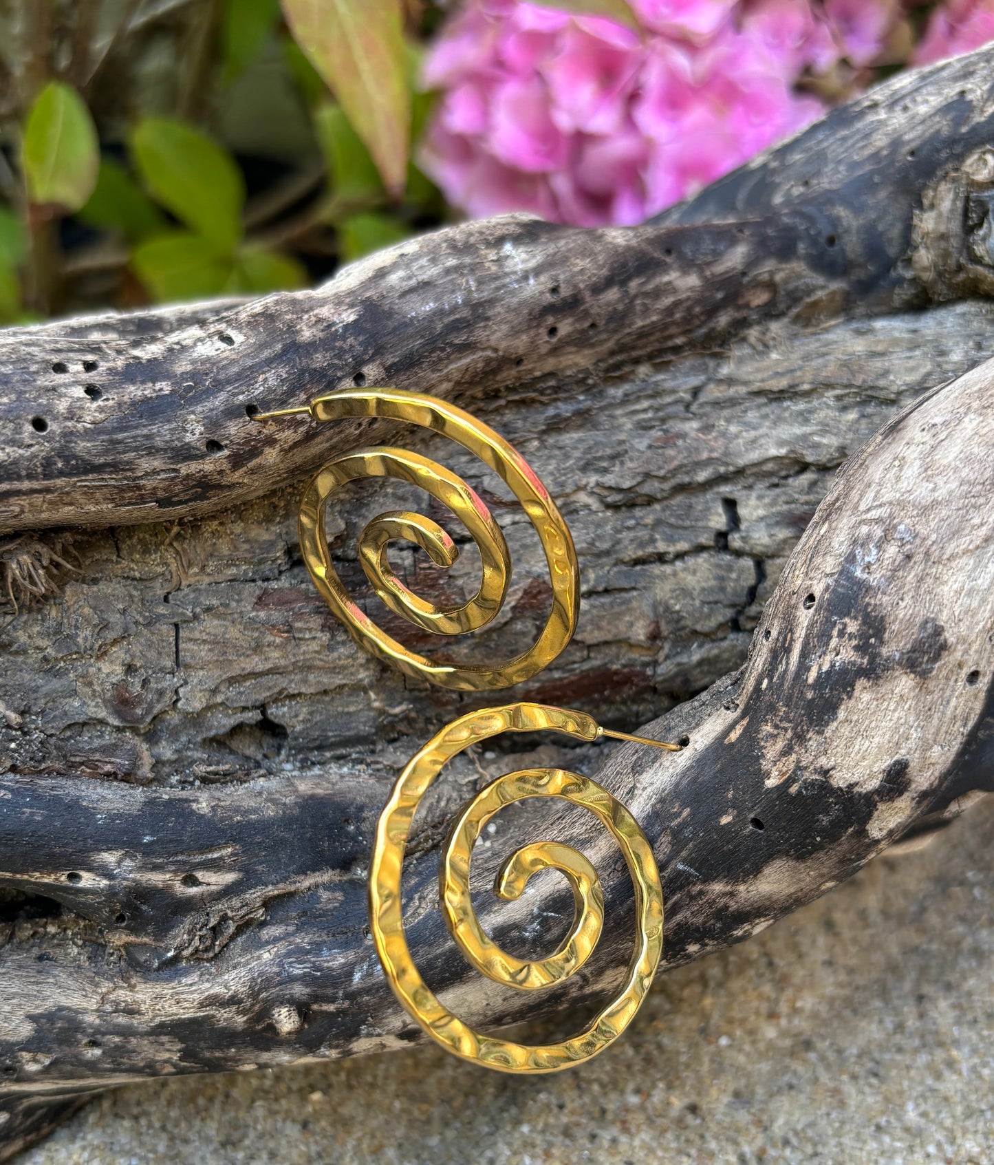 18ct Gold Plated Hammered Spiral Earrings