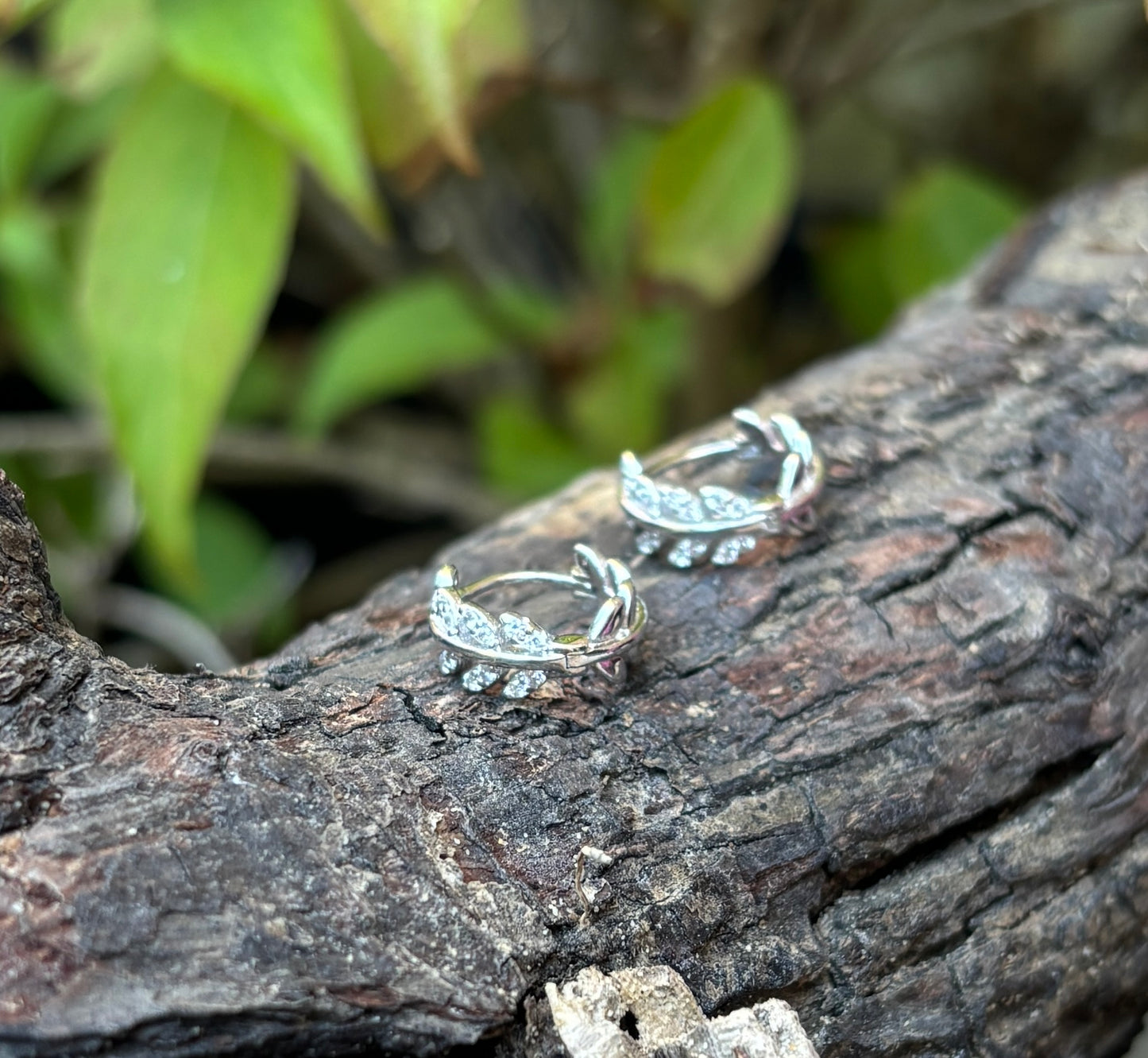 Platinum Plated 925 Sterling Silver Cubic Zirconia Leaf Huggie Earrings