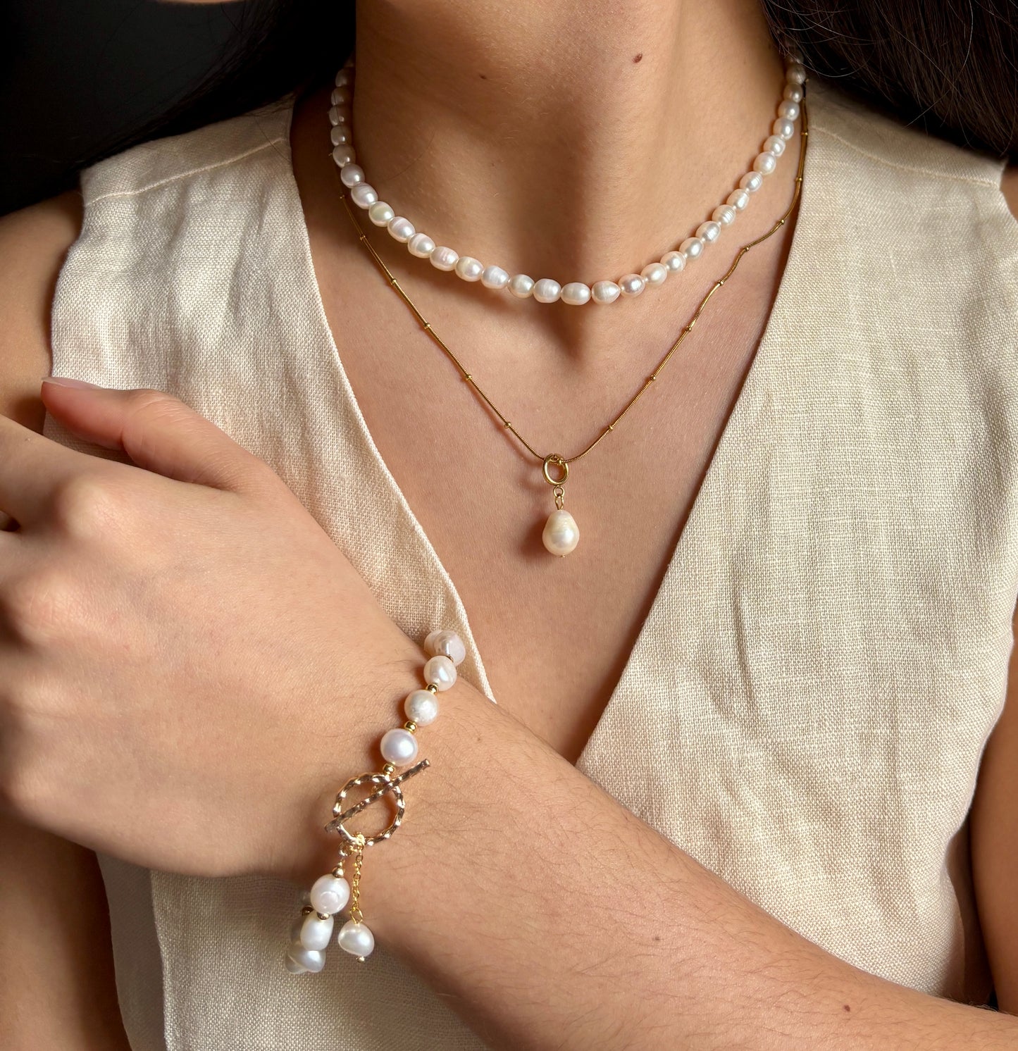 14ct Gold Plated Fresh Water Pearl T- Bar Bracelet