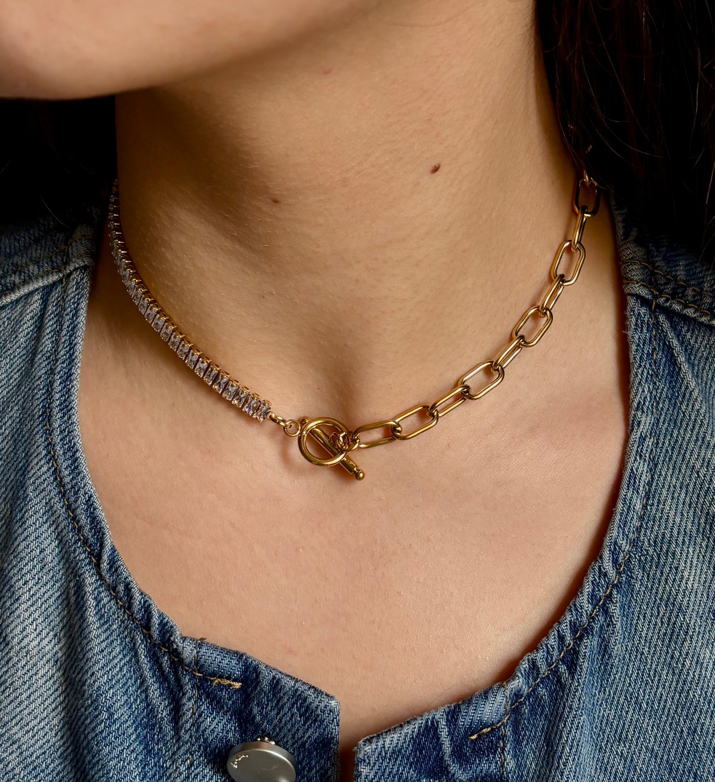 18ct Gold Plated Cubic Zirconia T Bar Necklace