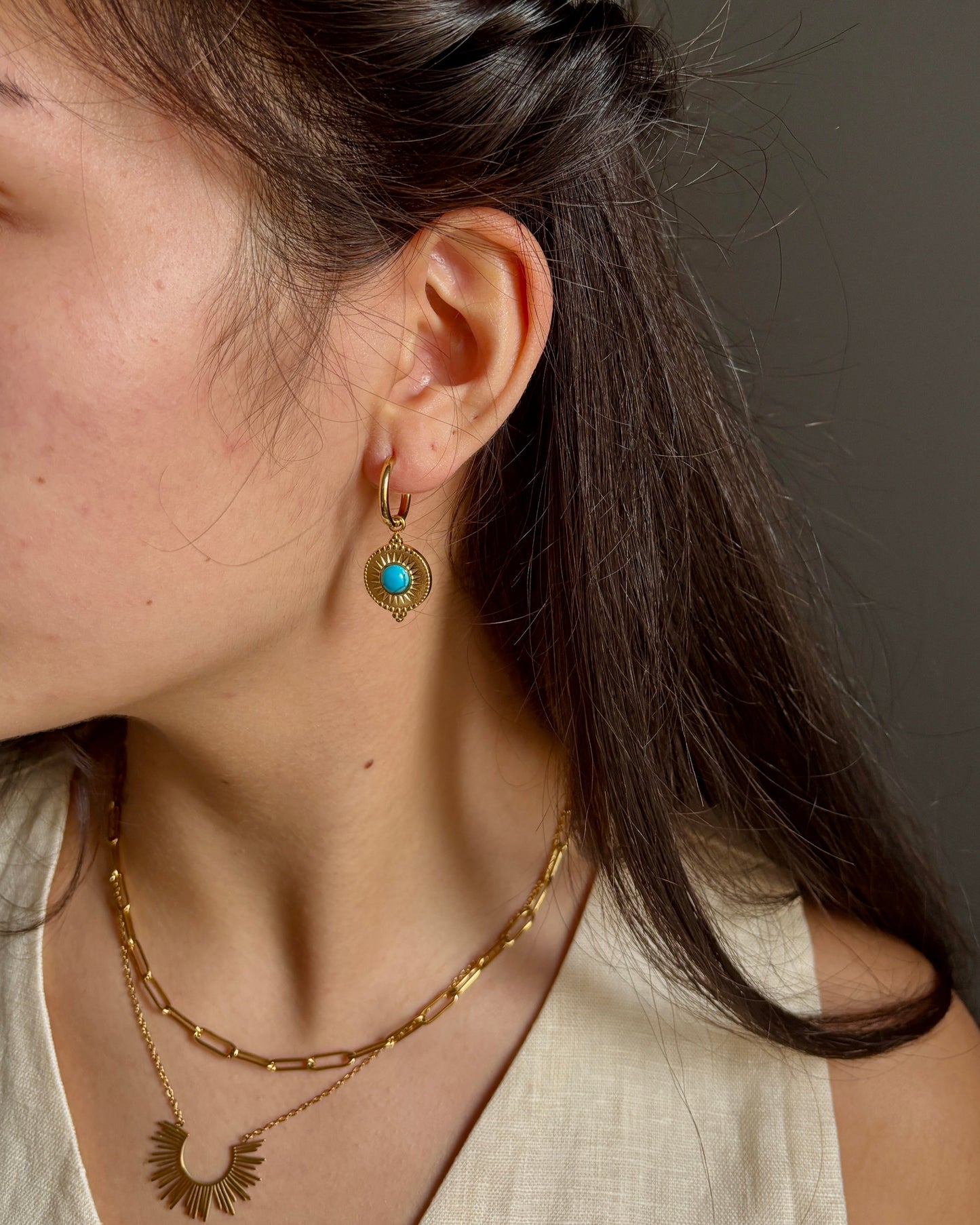 18ct Gold Plated Turquoise Sun Disc Huggie Earrings
