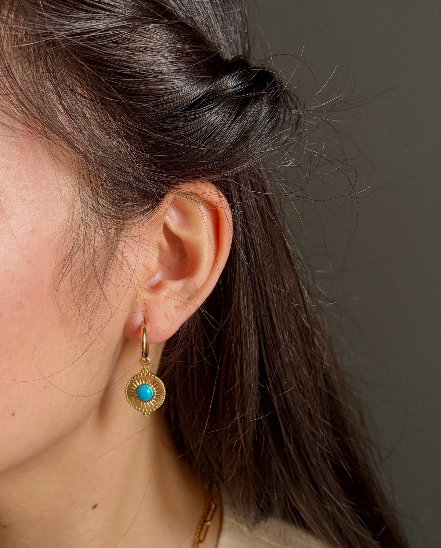 18ct Gold Plated Turquoise Sun Disc Huggie Earrings