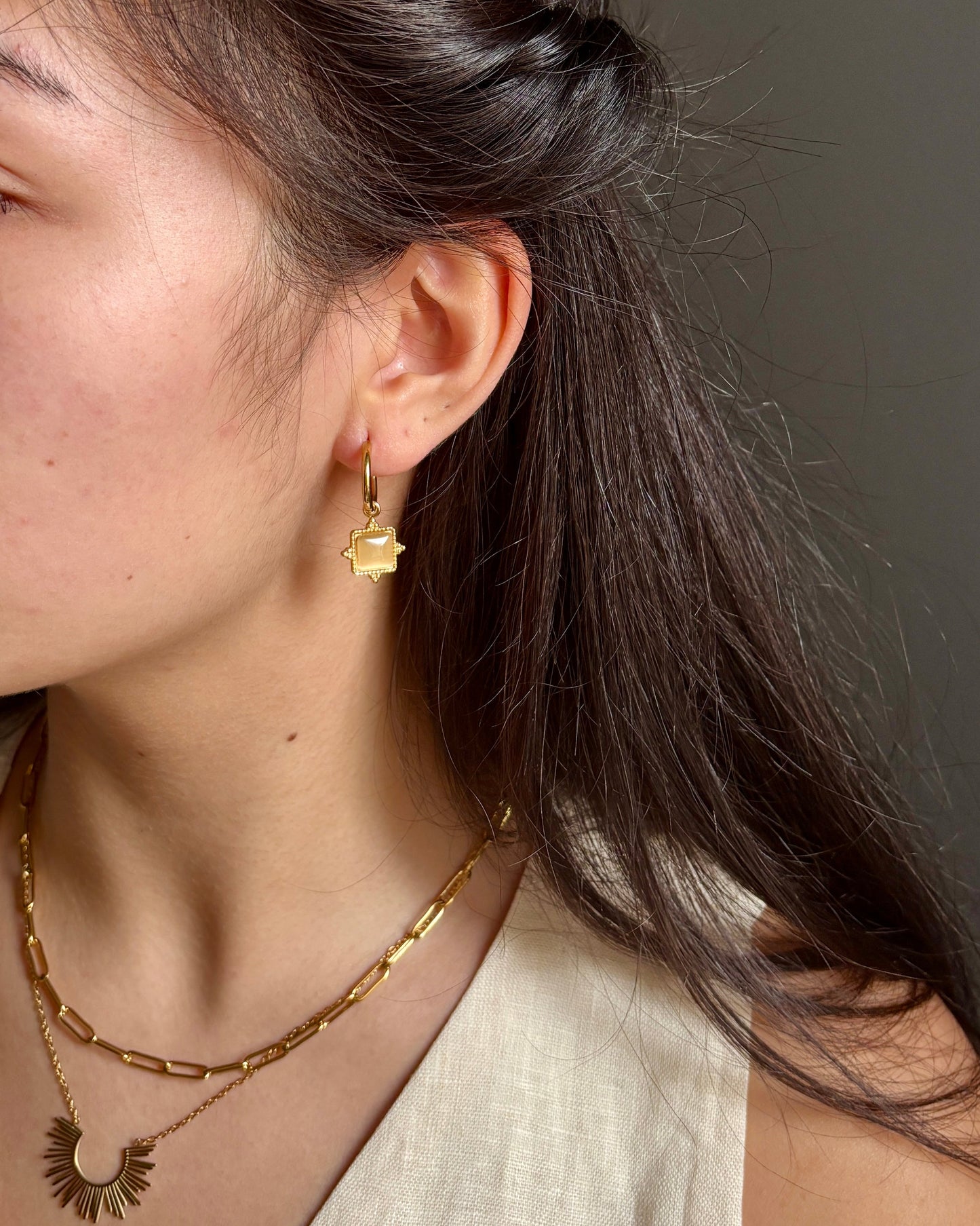 18ct Gold Plated Clear Quartz Square Drop Earrings