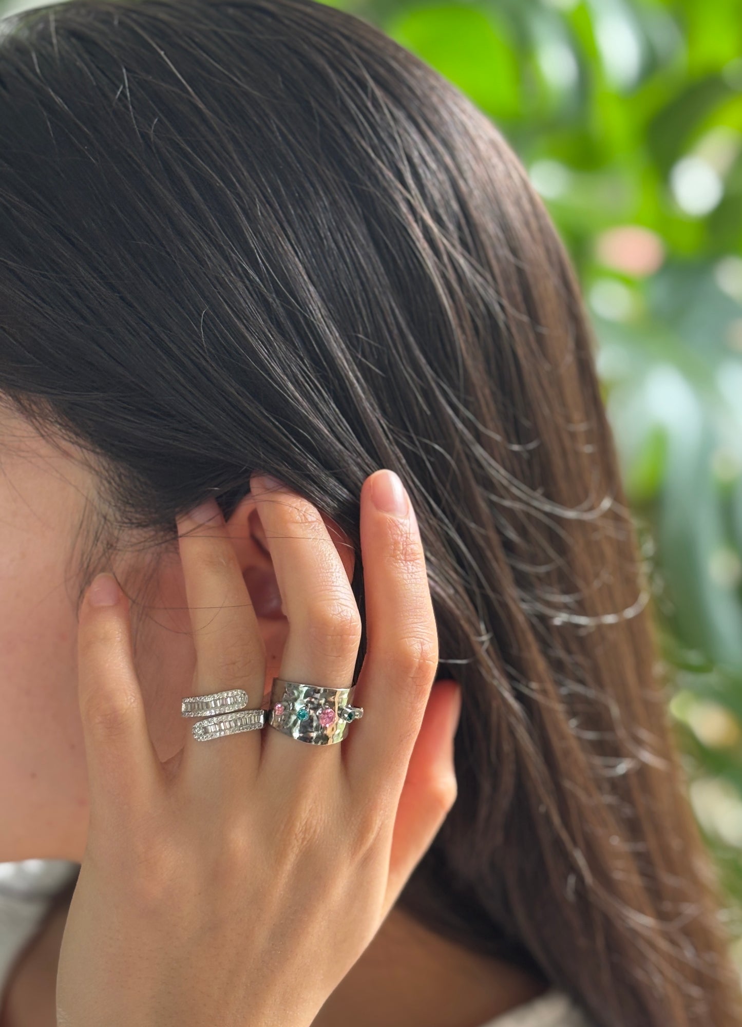 18ct Gold Plated Adjustable Multi Coloured Cubic Zirconia Hammered Ring - Available in Silver