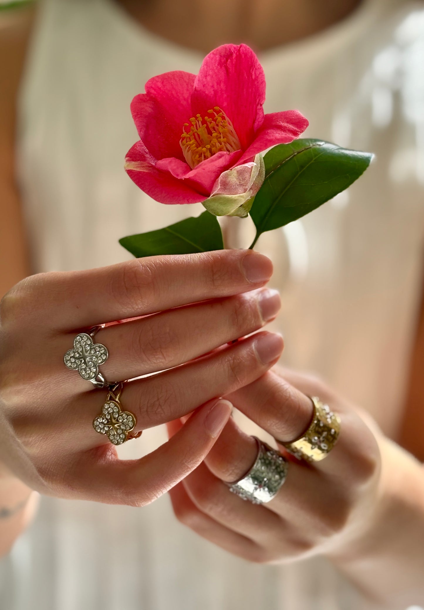 Stainless Steel Cubic Zirconia Clover Adjustable Ring