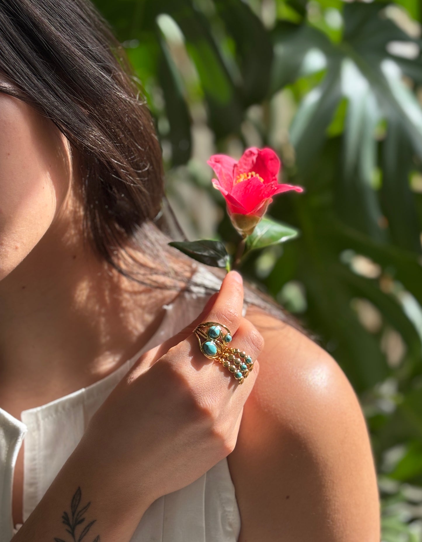 18ct Gold Plated Turquoise Triple Band Adjustable Ring