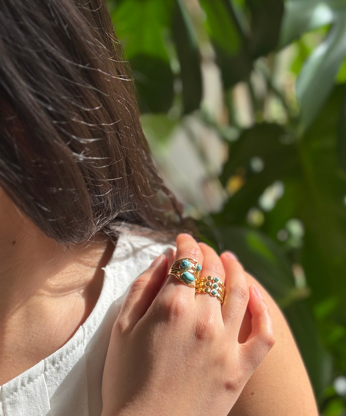 18ct Gold Plated Turquoise Triple Band Adjustable Ring