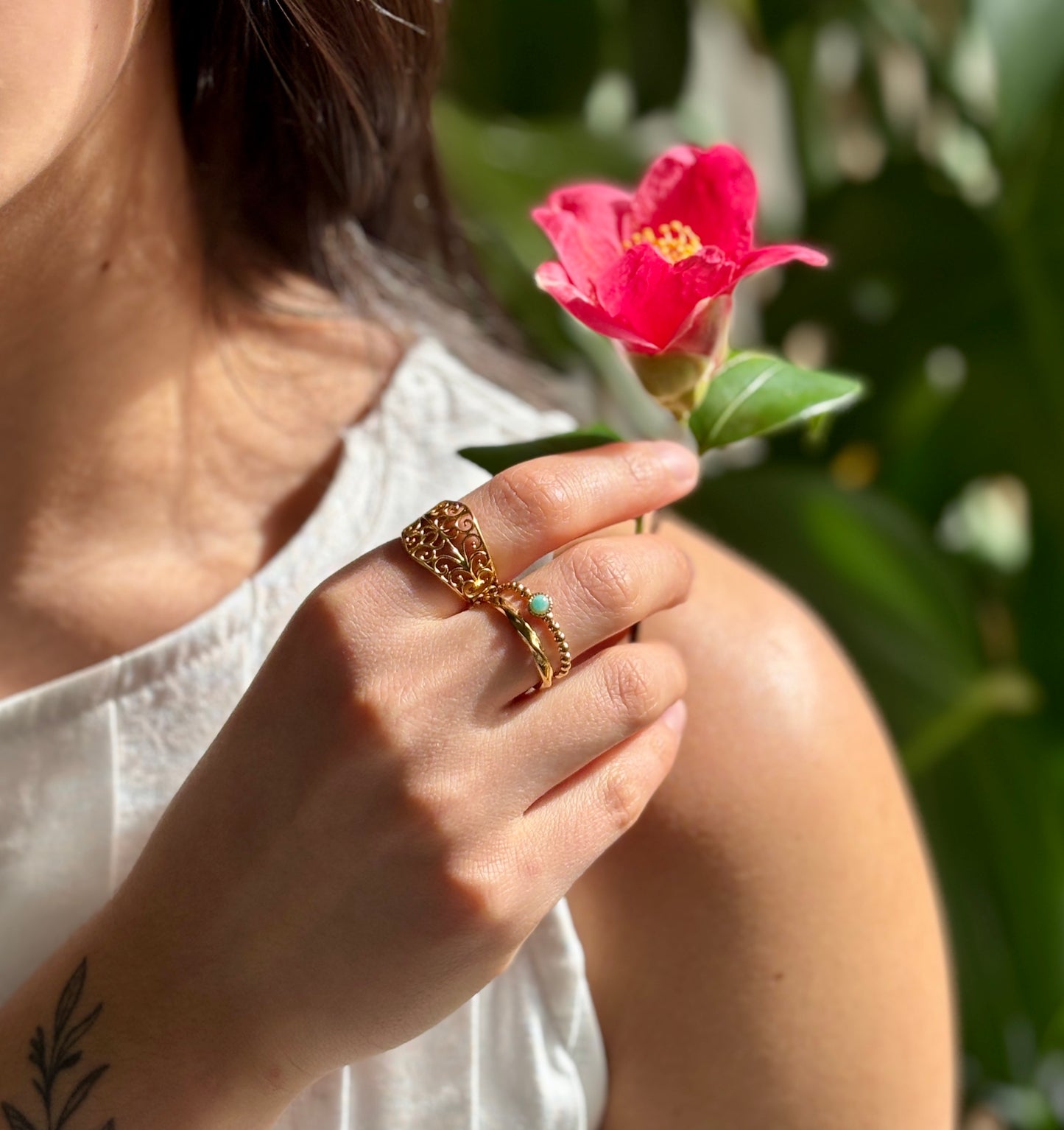 18ct Gold Plated Amazonite Double Band Adjustable Ring
