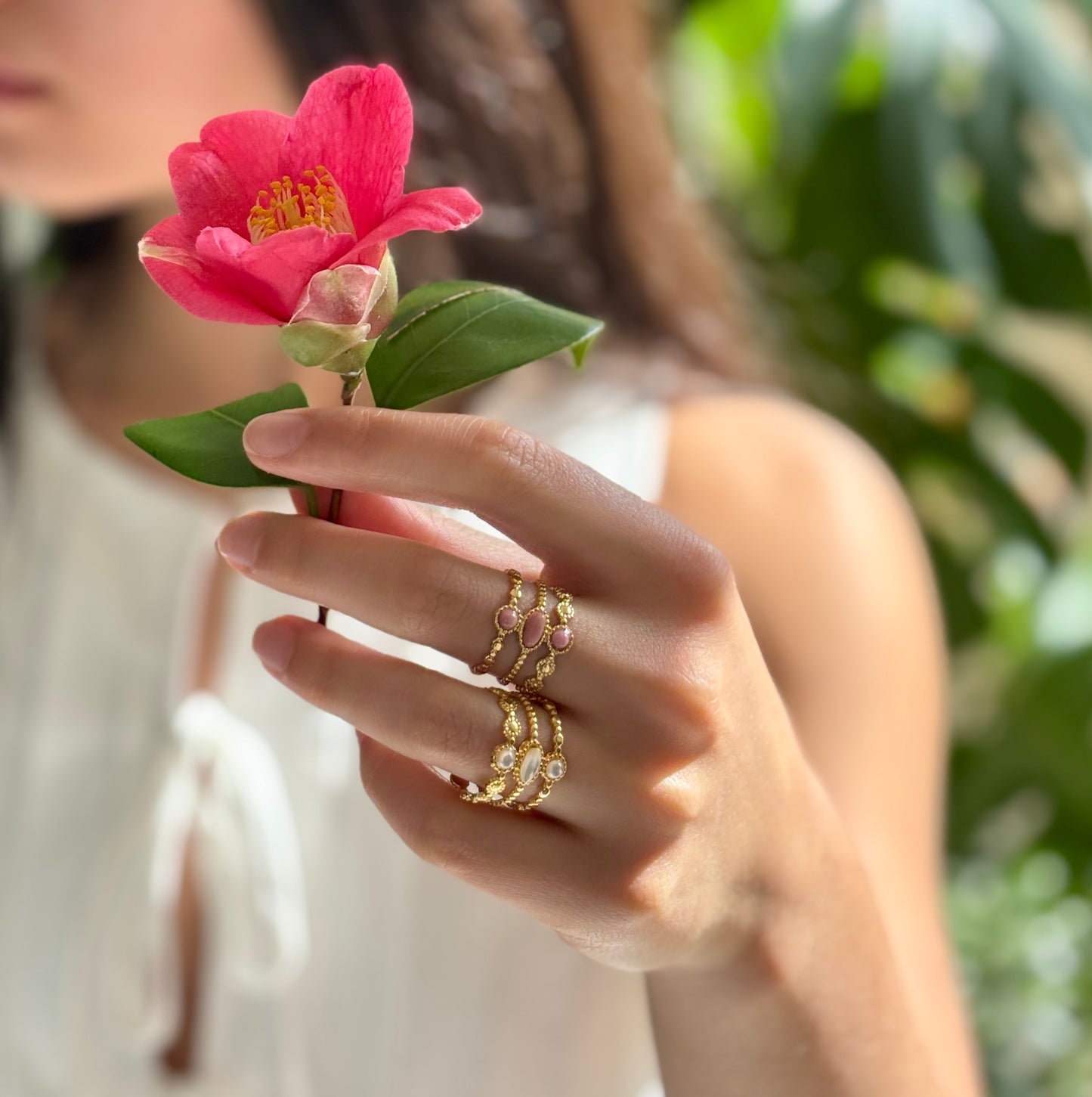 18ct Gold Plated Mother Of Pearl Triple Band Adjustable Ring
