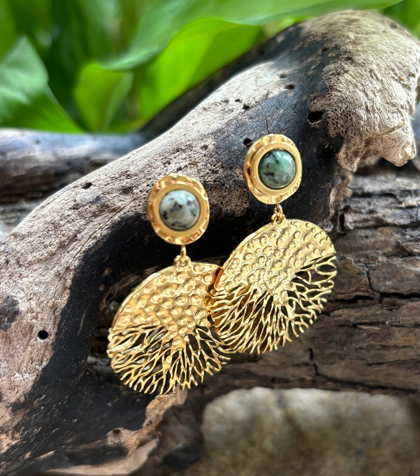 18ct Gold Plated African Turquoise Hammered Disc Earrings