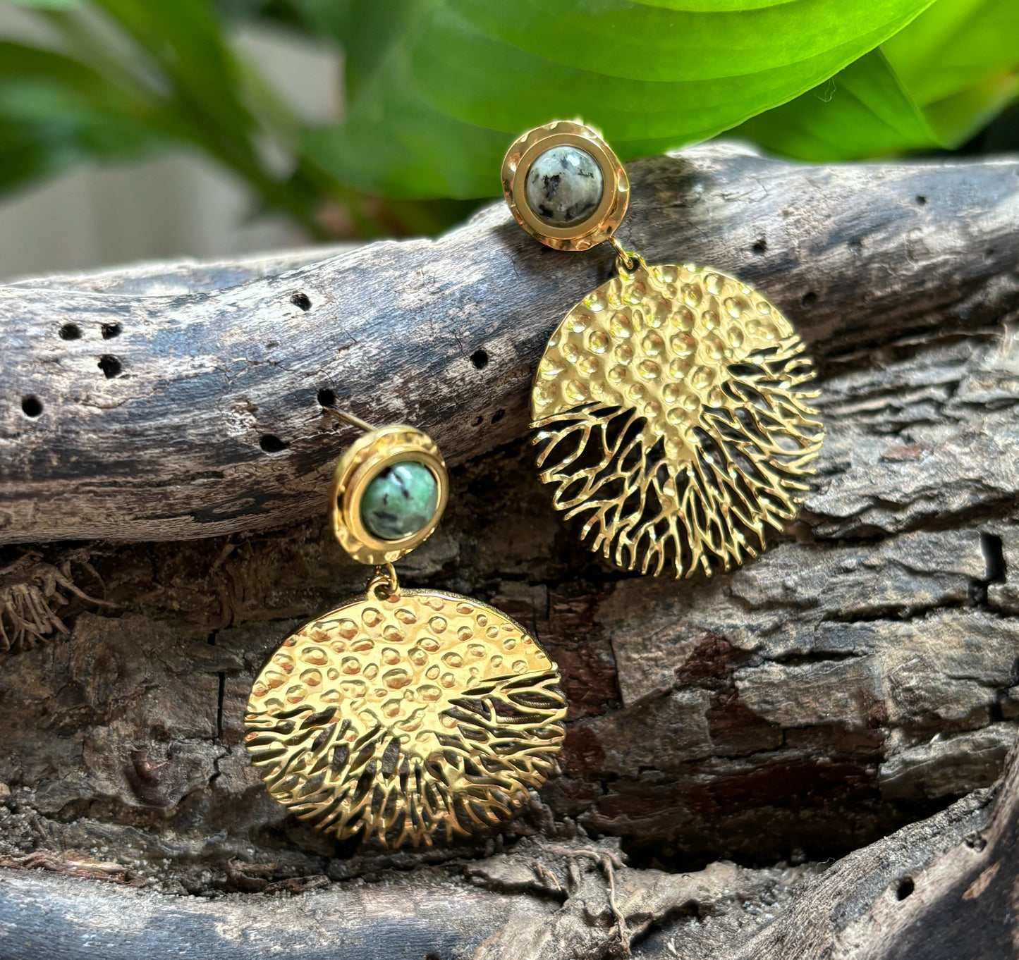 18ct Gold Plated African Turquoise Hammered Disc Earrings