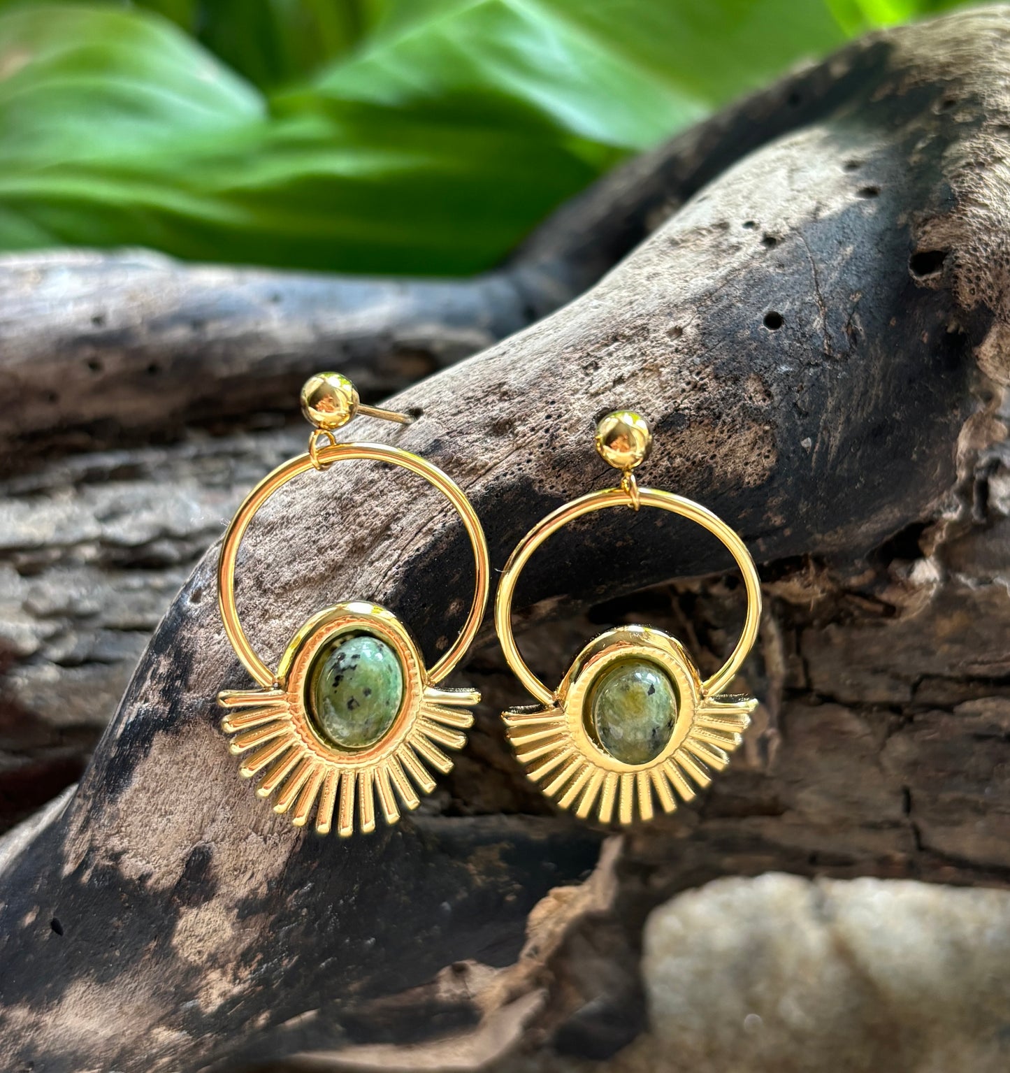 18ct Gold Plated African Turquoise Sunburst Hoop Earrings