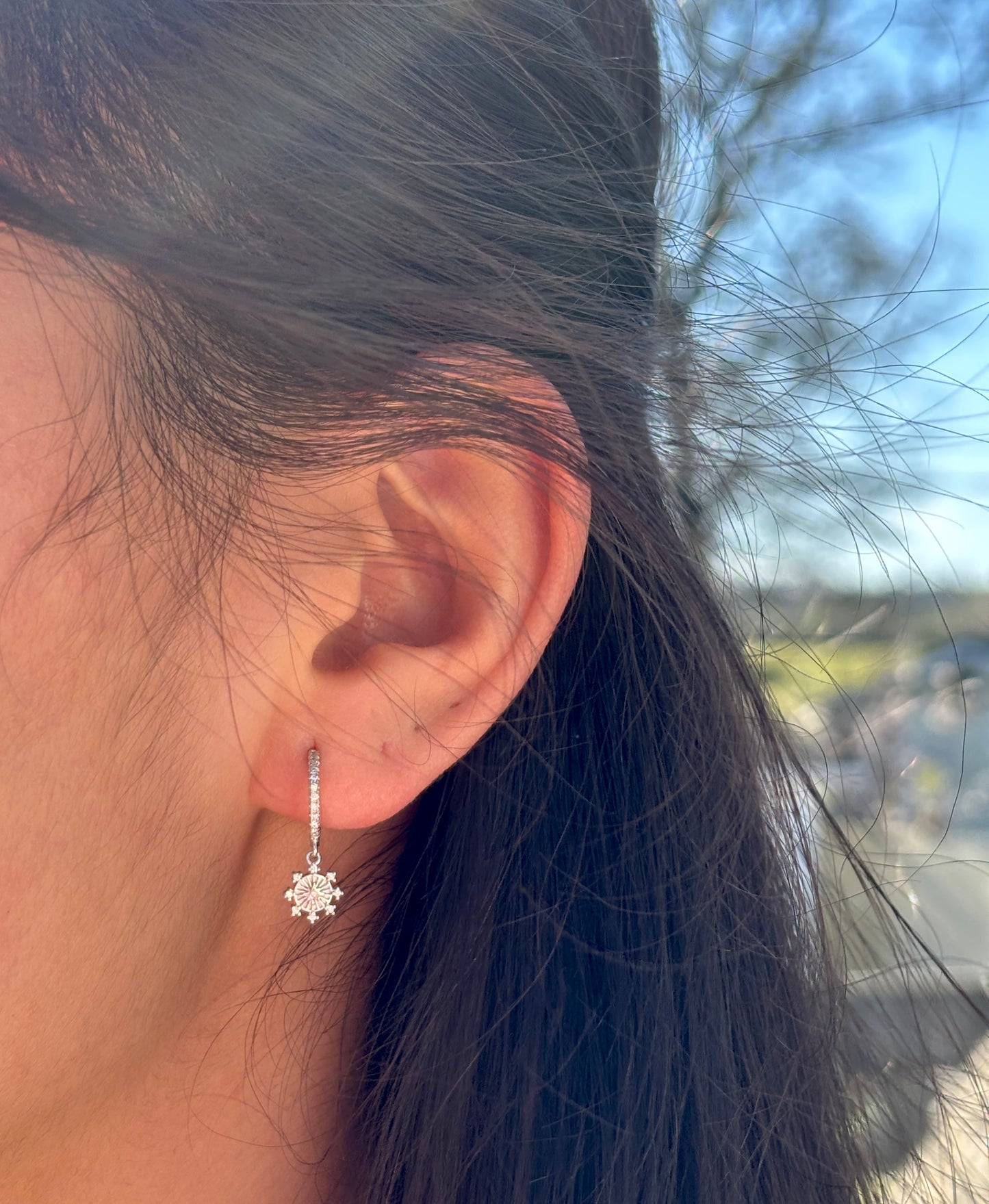 925 Sterling Silver Star Burst Drop Huggie Earrings