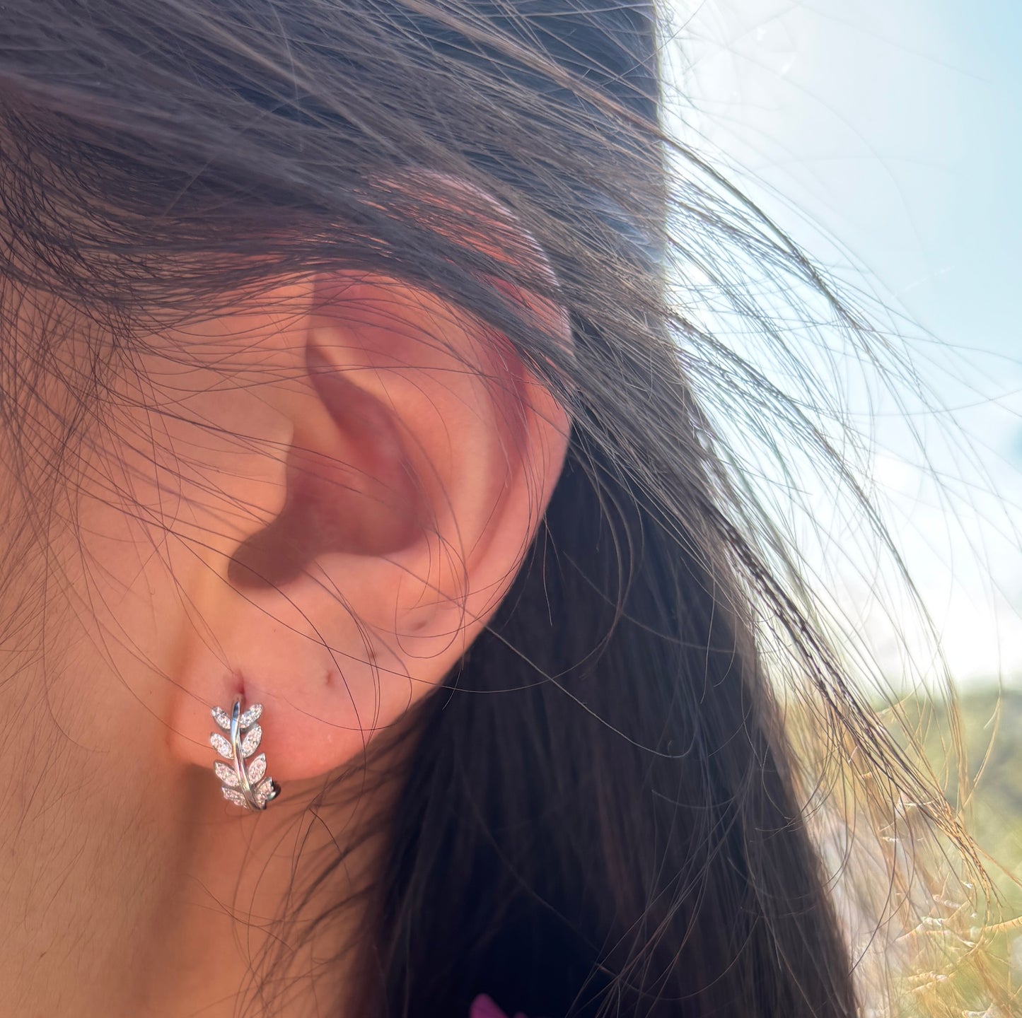 Platinum Plated 925 Sterling Silver Cubic Zirconia Leaf Huggie Earrings